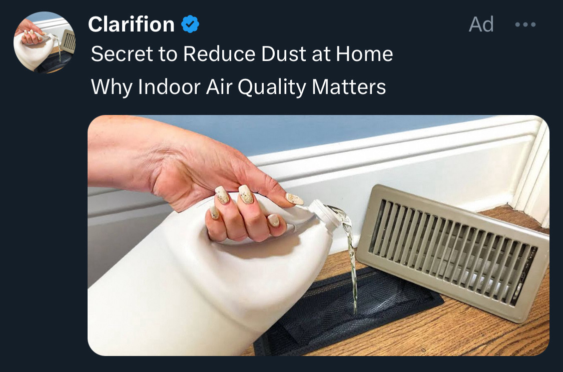 Screenshot of a twitter ad that suggests pouring bleach into your home ventilation system