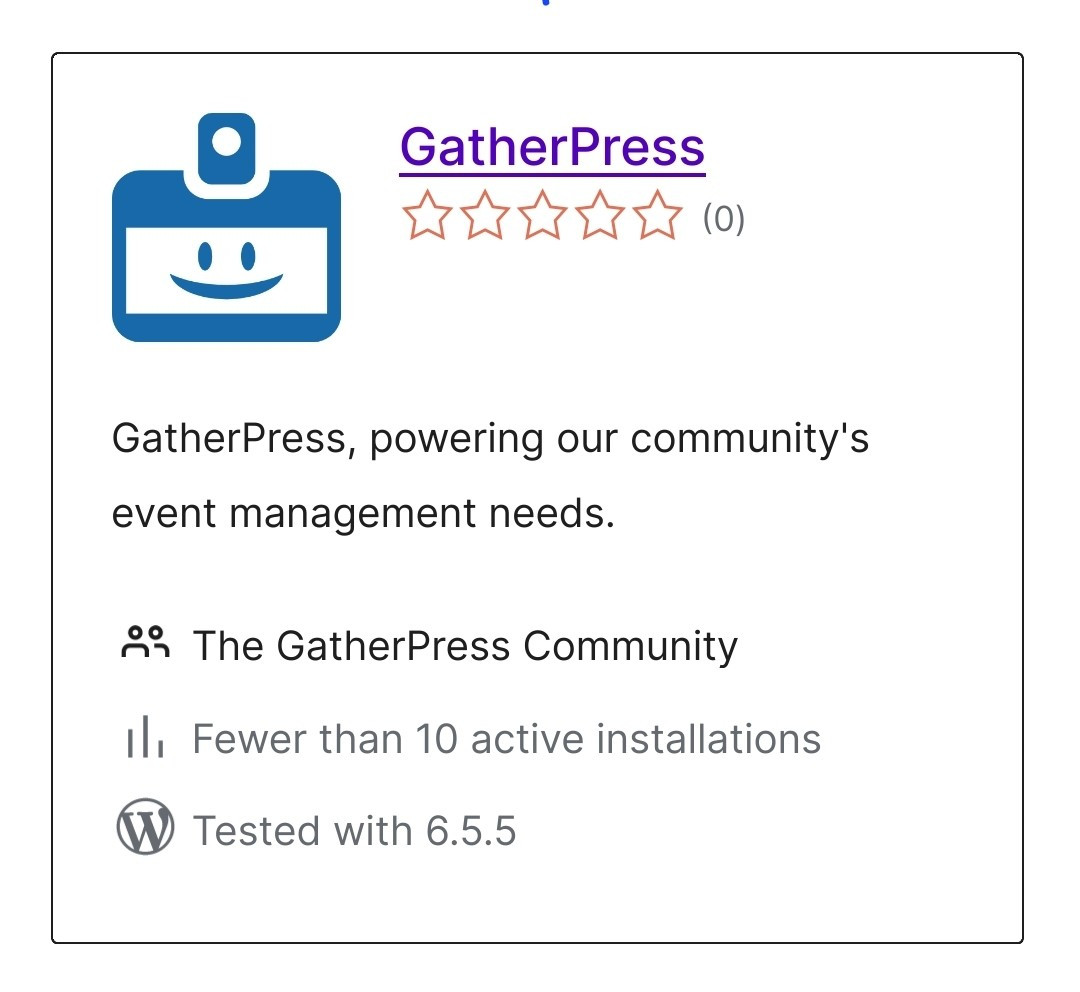 Screenshot of the title-card of the GatherPress plugin, within the WordPress plugin repository.