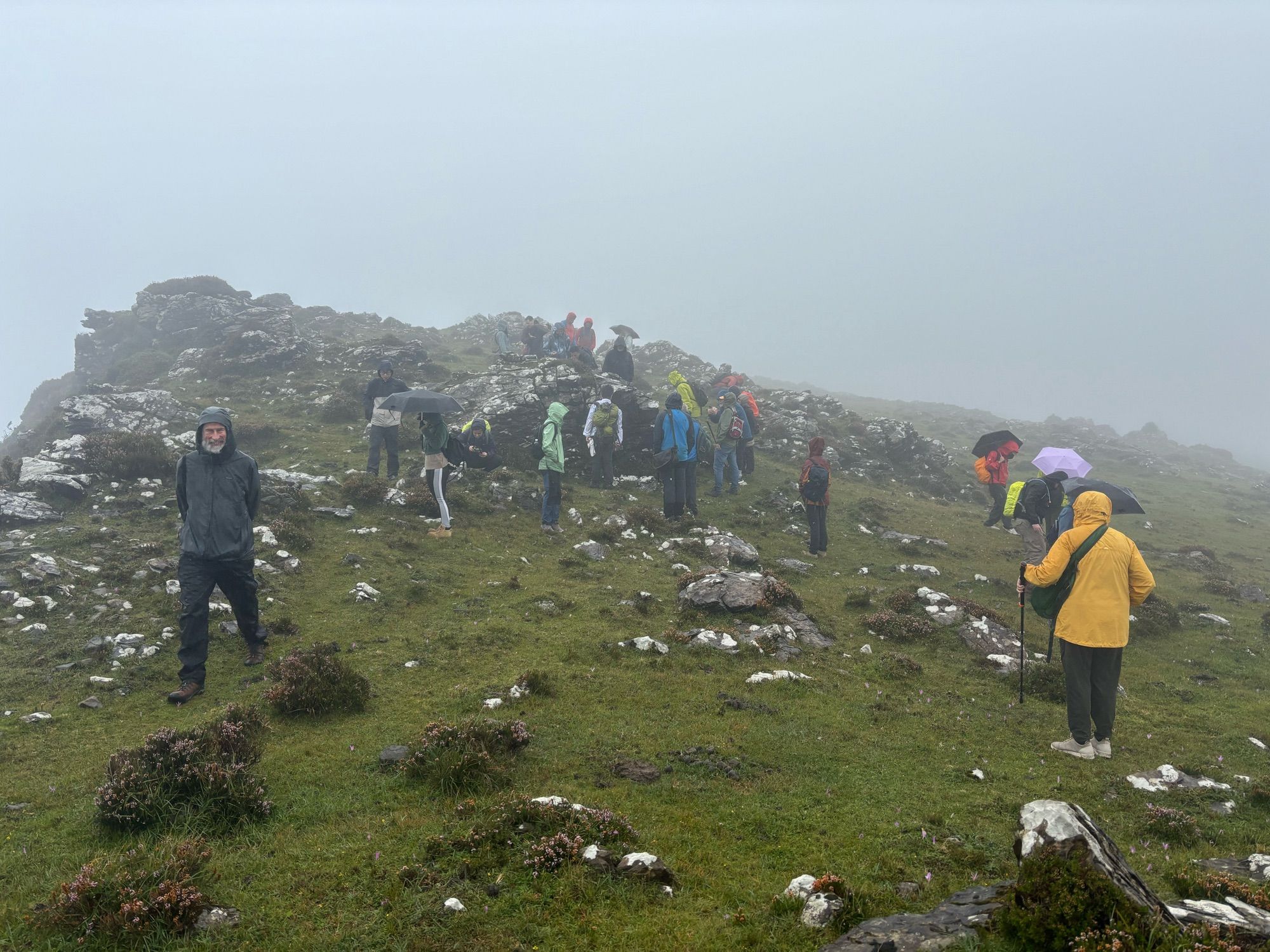 Geologists in rain jackets exploring rocks in the mist