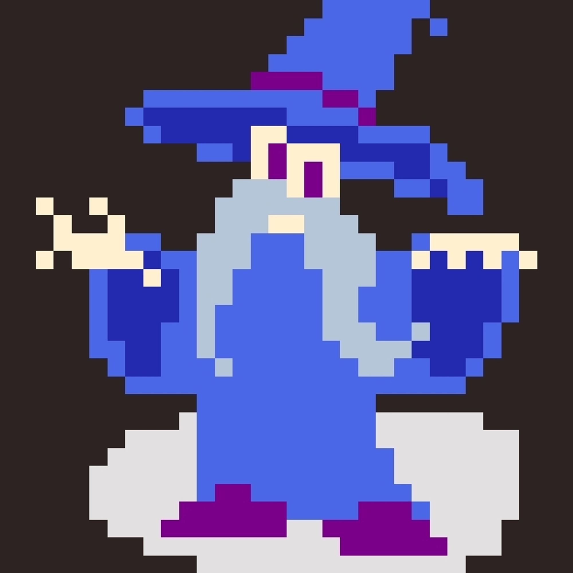 A simple pixel-art wizard, wearing a long blue Robe and a matching hat. Their arms are up like they're casting a spell. They have a long gray mustache and purple footwear