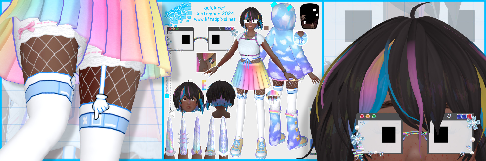 jessica pixel's quick reference sheet. an anime woman of average height and build with brown skin, freckles, and primarily brown hair. hair is styled in a messy, uneven, mushroom shaped bob. front left side is longer than the right side. right side has a single braid coming from behind her ear. wispy strands sticking out and a small ahoge sticking up. hair has bright pastel blue, pink, and yellow accents. underside is a gradient of those colors. brown, rectangular eyes in a traditional anime style with square shaped highlights. wearing oversized, rectangular glasses with black squares for eyes on a white lens. glasses are decorated along the frame with small metal stars and flowers, pearls, and a glitchy symbol. top of the frames are thicker than the rest with colored gems in the style of retro operating system windows: left has three square gems colored blue, blue, and red. right has three circle gems colored red, yellow, and green. hanging from the bottom right corner of the glasses are two long chains. at the end of one is a deepskyblue cube, the other a computer cursor, pointing downward. she wears a white cropped t-shirt. it ties at the waist with a blue ribbon. she wears a pink fashion harness with straps above and below the bust line. she wears a pleated skirt in a pastel rainbow gradient. she has white shorts with pink ribbon and lace trim under. she wears white thigh high socks with close, maximize, and minimize buttons and a white garter belt with a cartoon hand pointing to the maximize button acting as the fastener. under that she wears white fishnets that go up to her waist. she has yellow shoes with blue laces and a white tongue and toe. the sole has a cloudy design and there is a shooting star with a rainbow trail on the side. she has super long, pointed nails in a pastel unicorn motif, each nail a different style. also pictured is her hoodie and legwarmers with a cloudy sky pattern and blue to purple gradient. legwarmers have rainbow trim on top.