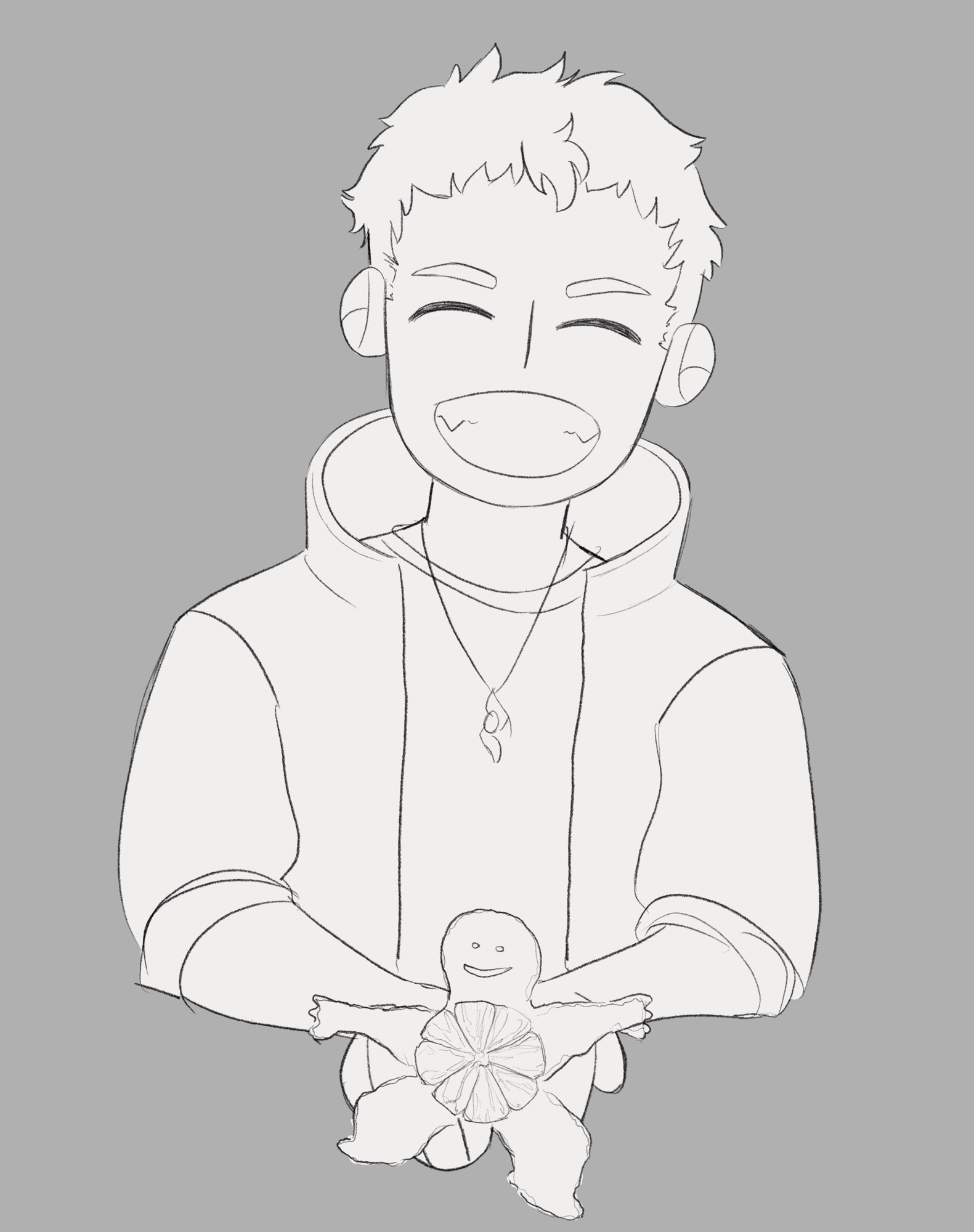 Grayscale illustration of Nero from Devil May Cry. He is holding an orange with the peel separated in the shape of a person. He’s smiling proudly at the viewer.