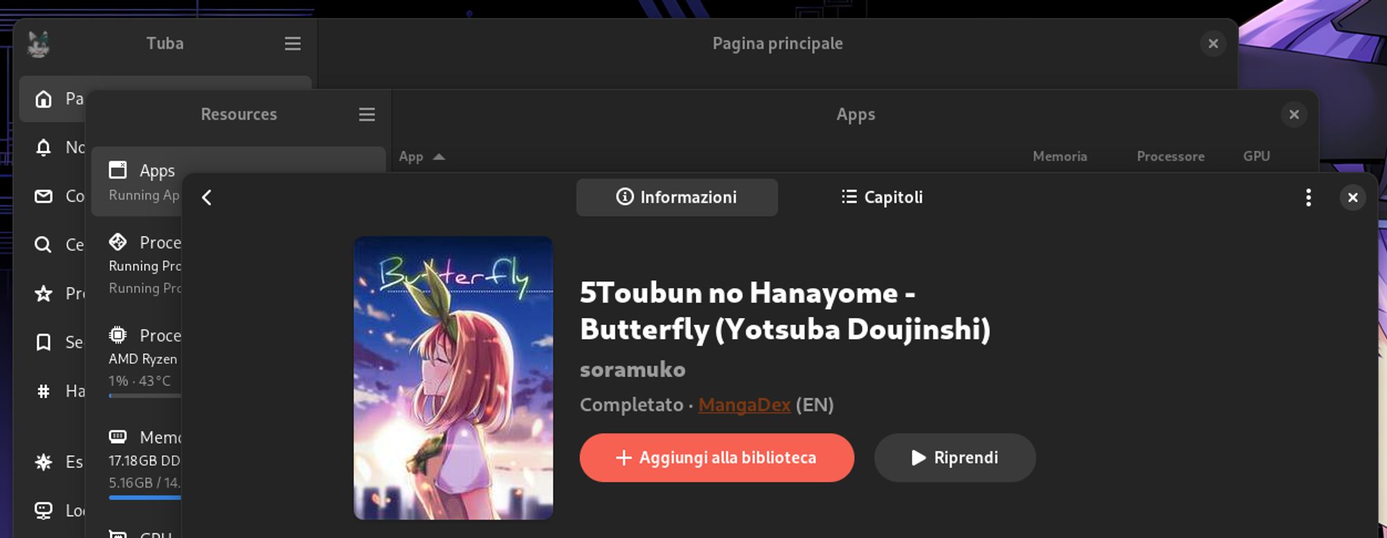 3 Libadwaita applications running, including, in order from back to front: 
- Tuba (Mastodon client) 
- Resources (system monitor) 
- Komikku (manga scan reader) with Quintessentials Quintuplets doujinshi about Yotsuba.