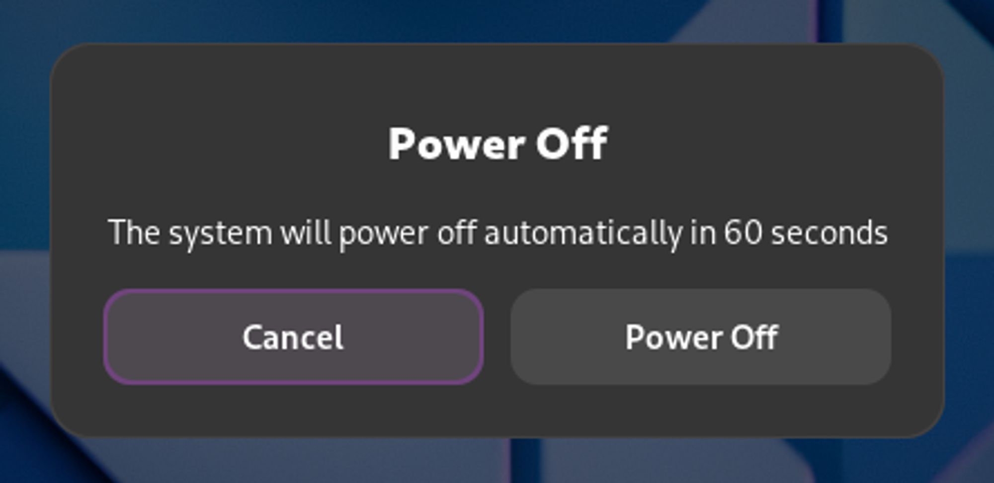 GNOME 47 new dialog boxes saying:

Power Off
The system will power off automatically in 60 seconds.