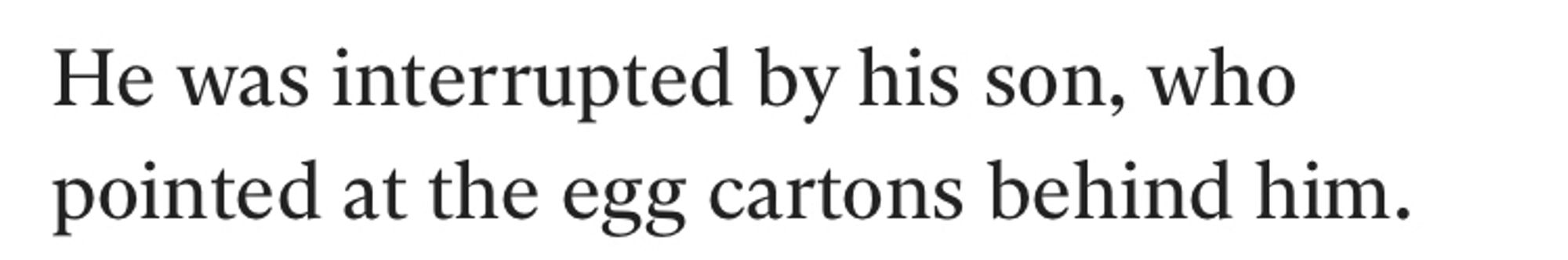 “He was interrupted by his son, who pointed at the egg cartons behind him.”