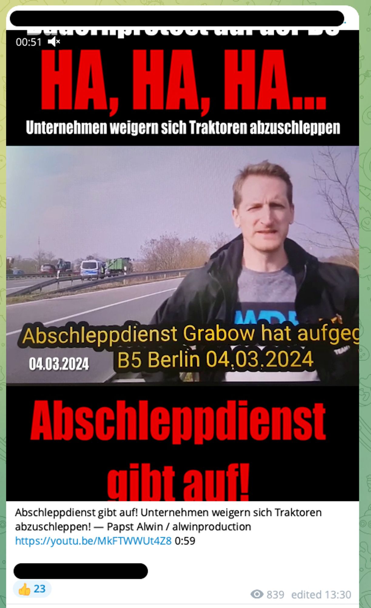 Screenshot aus Telegram, der die Freude über das erfolgreiche Verhindern des Abschleppens verdeutlicht