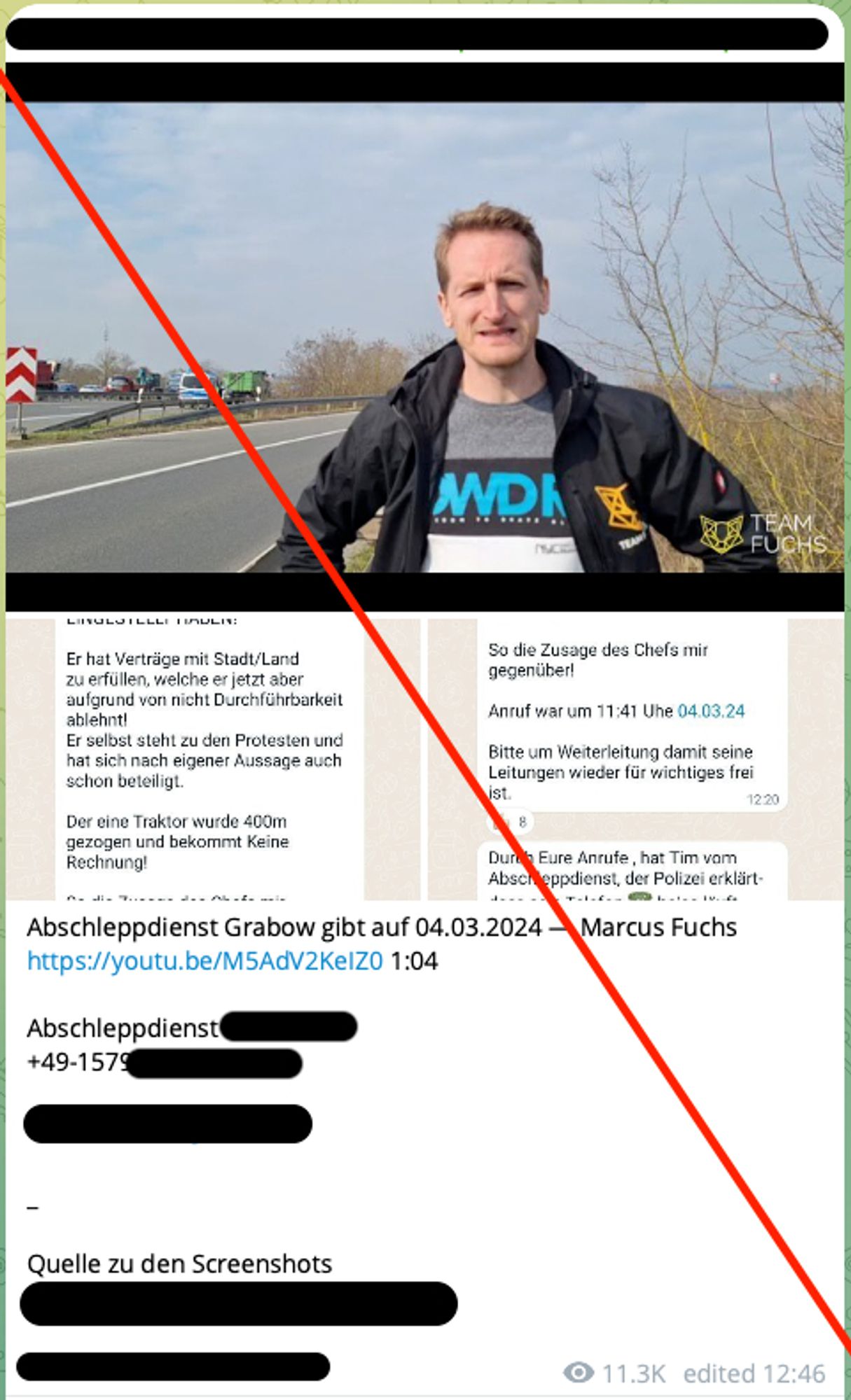 Screenshot aus Telegram in dem dazu aufgerufen wird, sich telefonisch beim Abschleppdienst zu beschweren, um die Räumung zu verhindern.