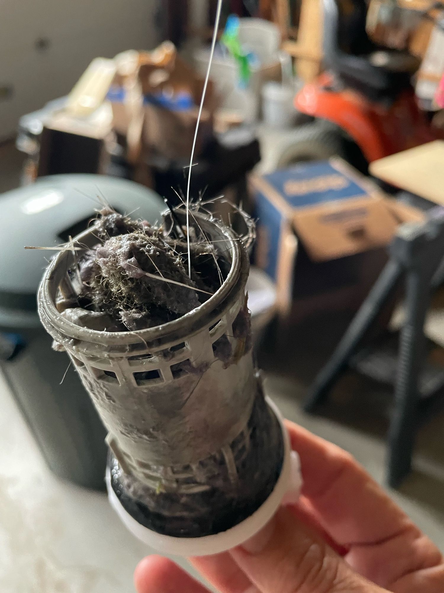 A washing machine lint trap, somewhat disgustingly, over filled with lint.