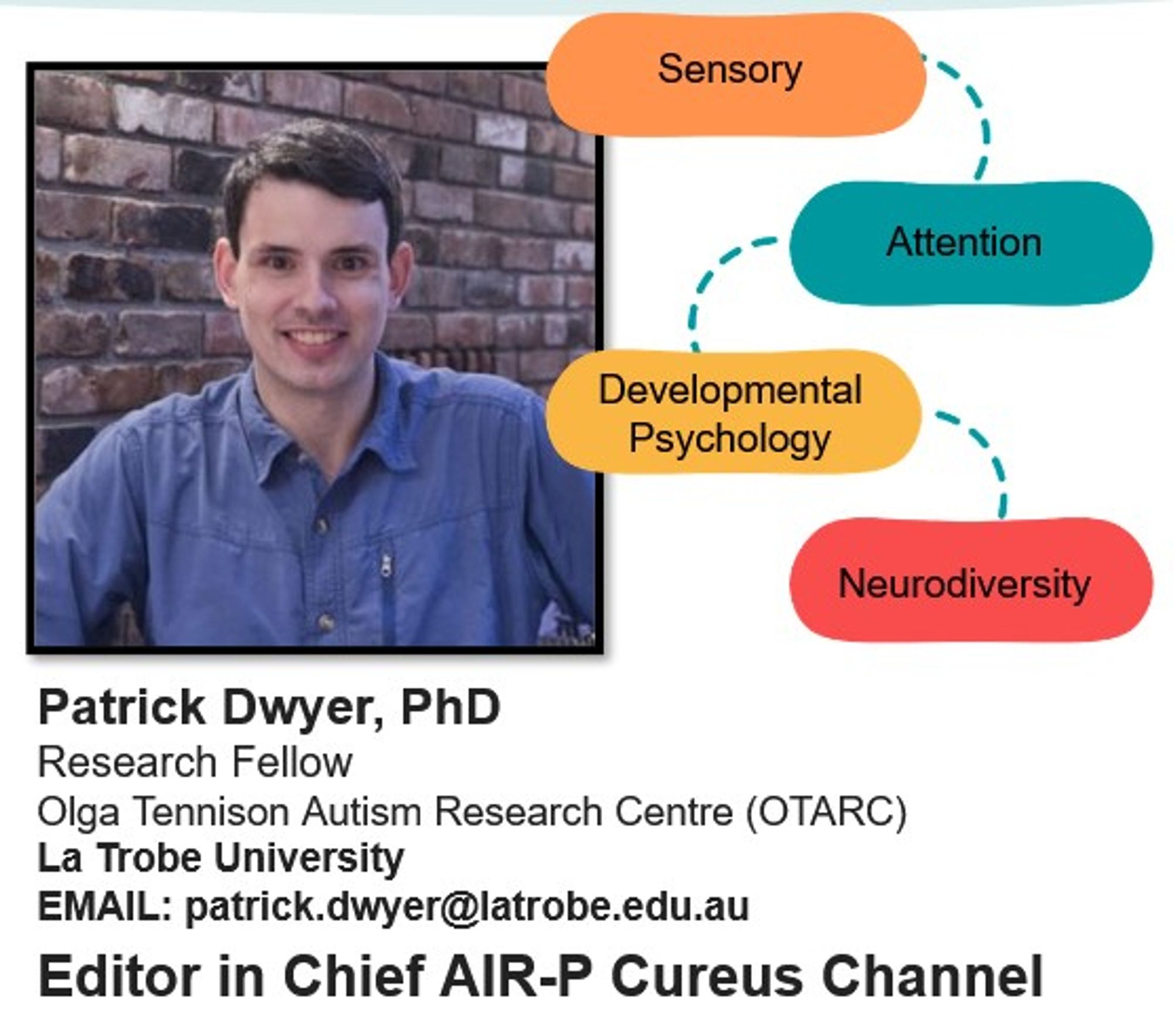 The image is a professional profile card for Patrick Dwyer, PhD. It includes a photo of Dr. Dwyer, a man with short dark hair, wearing a dark collared shirt, and smiling at the camera. Surrounding the photo are four interconnected circular outlines in orange and blue, with labels "Sensory," "Attention," "Developmental Psychology," and "Neurodiversity," indicating his research interests. Below the image, there is text that reads: "Patrick Dwyer, PhD, Research Fellow, Olga Tennison Autism Research Centre (OTARC), La Trobe University, EMAIL: patrick.dwyer@latrobe.edu.au, Editor in Chief AIR-P Cureus Channel." The design and layout suggest an informational graphic used for an academic or professional introduction.