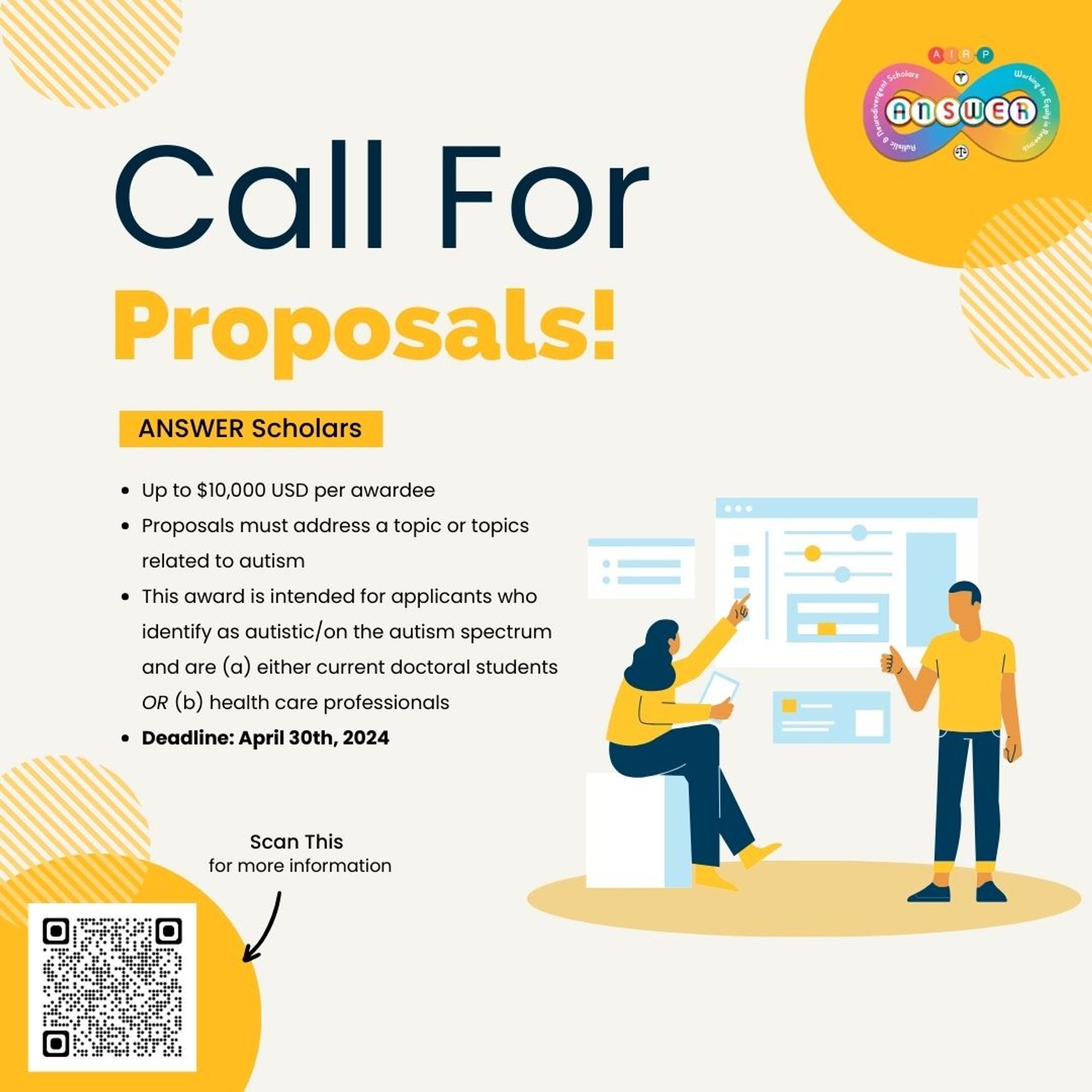 The flyer announces a "Call For Proposals" by ANSWER Scholars, offering up to $10,000 USD per awardee for topics related to autism. It specifies that applicants should be autistic or on the autism spectrum and be either current doctoral students or health care professionals. The deadline for submissions is April 30th, 2024. There's an illustration of two people, one seated with a laptop and the other standing with a chart, and a QR code at the bottom with the instruction "Scan This for more information".