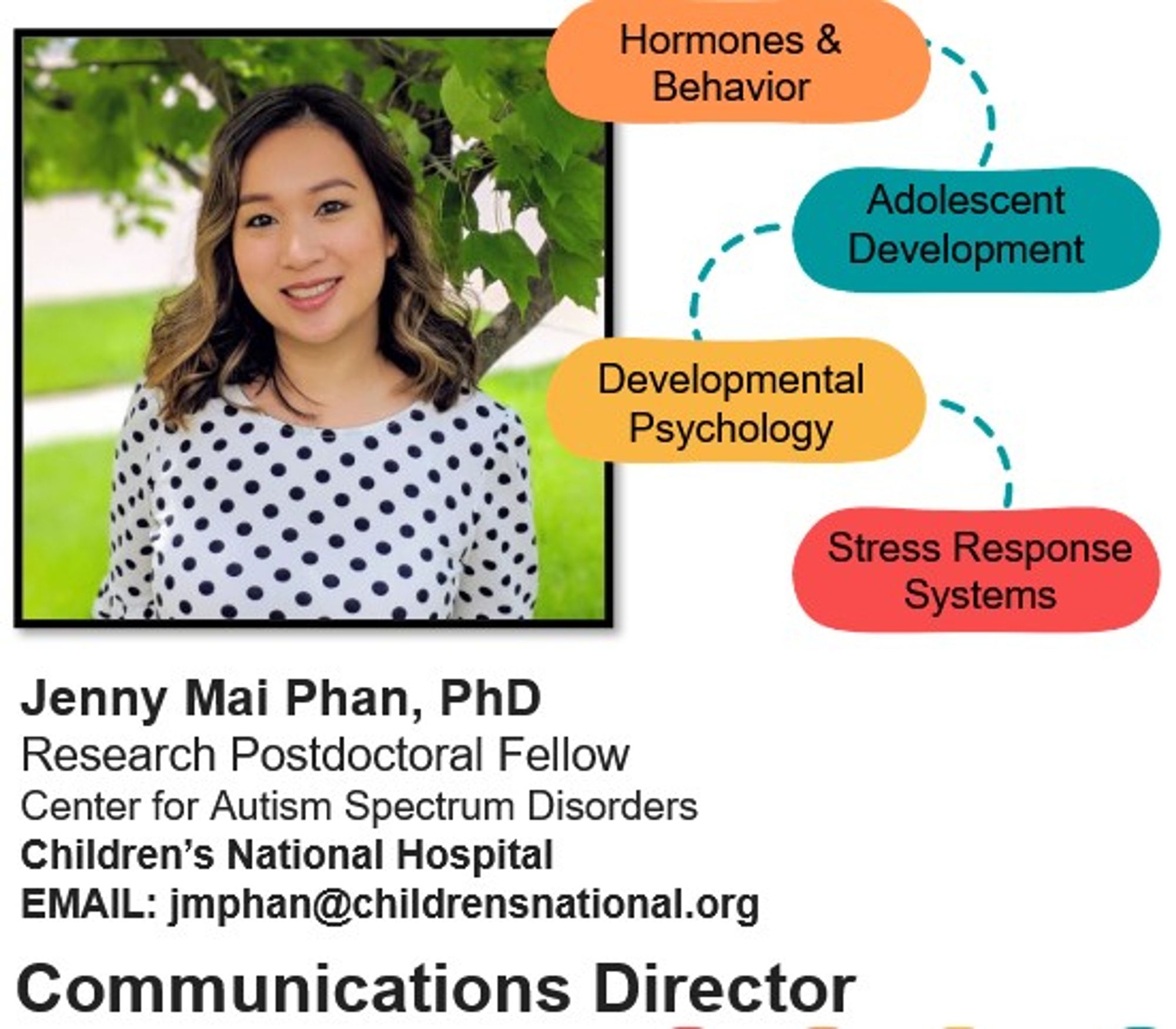 Professional headshot of Dr. Jenny Mai Phan, a Research Postdoctoral Fellow at the Center for Autism Spectrum Disorders at Children's National Hospital. She is smiling in front of a blurred background of greenery. Adjacent to her image are four interconnected dotted line circles, highlighting her research interests: Hormones & Behavior, Adolescent Development, Developmental Psychology, and Stress Response Systems. Below her photo is her name and title, email address, and her role as Communications Director, all overlaid on a contrasting background.