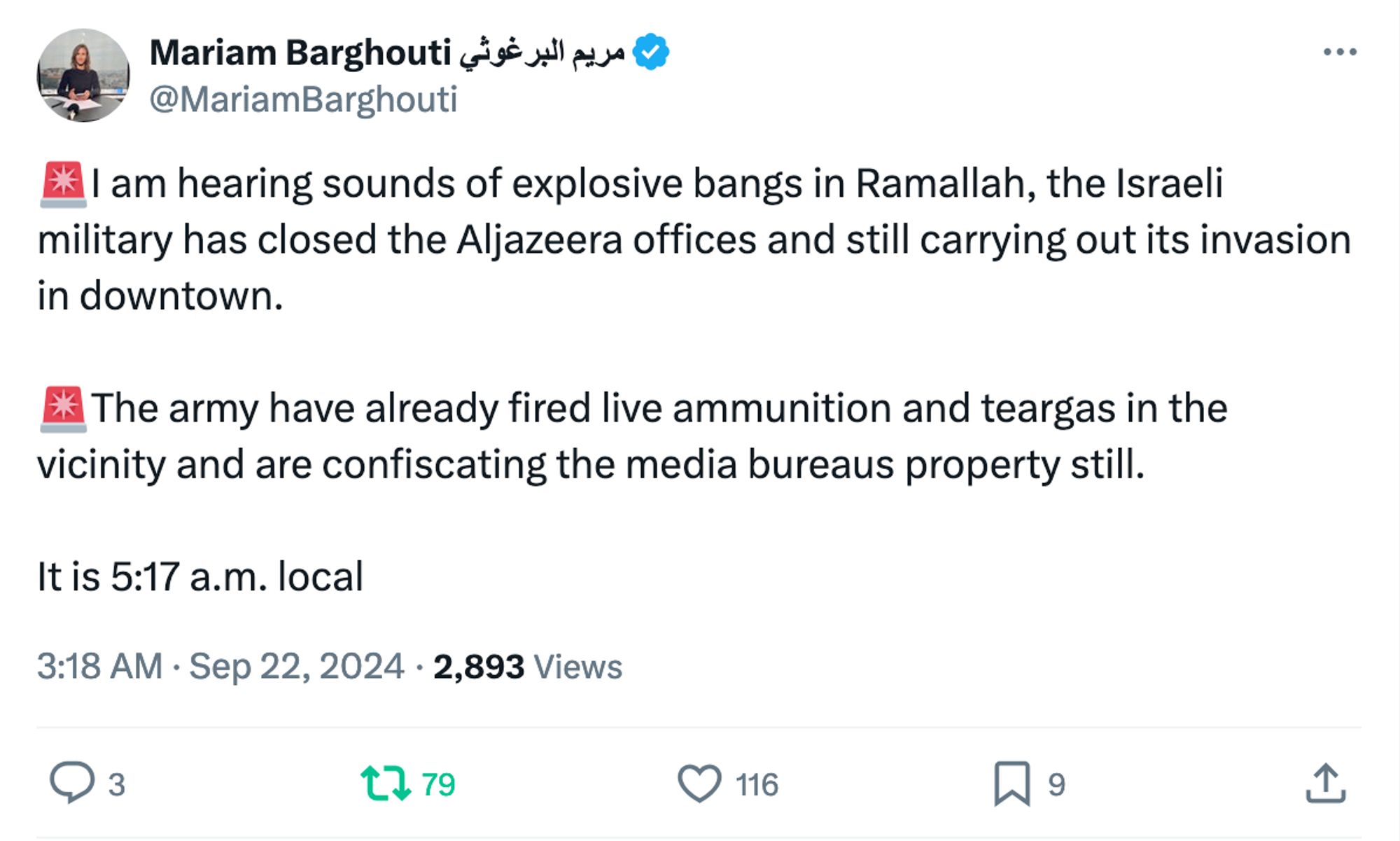 Mariam Barghouti مريم البرغوثي
@MariamBarghouti
🚨I am hearing sounds of explosive bangs in Ramallah, the Israeli military has closed the Aljazeera offices and still carrying out its invasion in downtown.
🚨The army have already fired live ammunition and teargas in the vicinity and are confiscating the media bureaus property still.
It is 5:17 a.m. local
3:18 AM · Sep 22, 2024