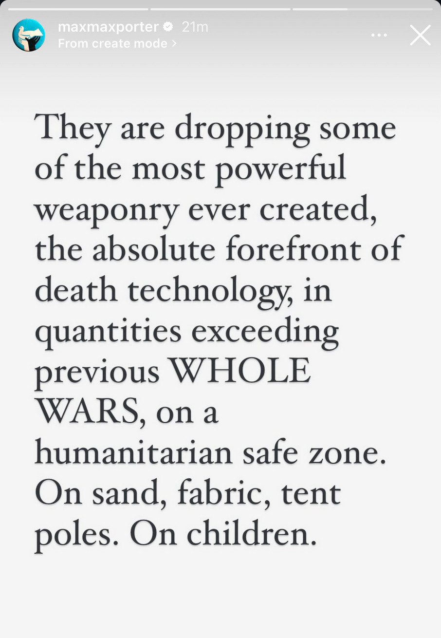 They are dropping some of the most powerful weaponry ever created, the absolute forefront of death technology, in quantities exceeding previous WHOLE WARS, on a humanitarian safe zone. On sand, fabric, tent poles. On children.