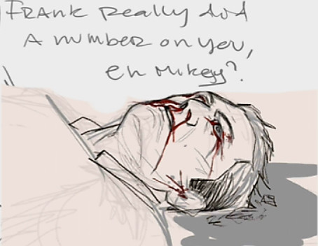 GORE WARNING IN TEXT: The idea for the comic was for trevor to be watching the events of ending B from afar, wait for Frank to leave, then hed make his way to Michael,  wary of the last time he "died" looking for confirmation. Closure. He's in shock, talking to Michael as if he isnt seeing his brains leaking out of his skull. As if nothing happened at all, admonishing him for being a backstabber and general asshole, spitting out "I told you so"s. When he lifts michael to sit him up and get a better look, his brains make a wet sound on the pavement, and thats when it becomes real. Trevor breaks down, clutching michael to his chest hyperventilating, sobbing out apologies to the man that deserves none.