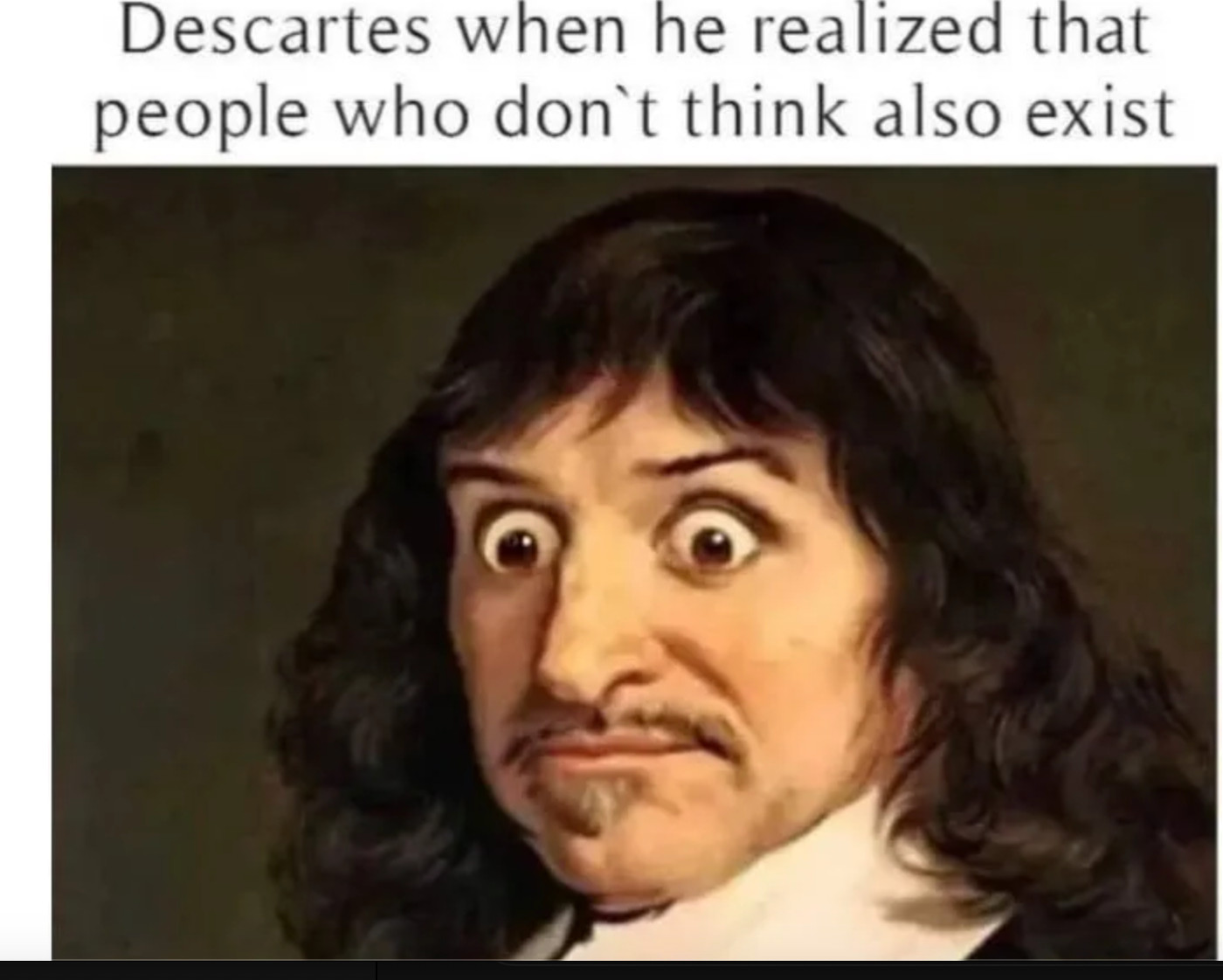 meme showing Rene Descartes with huge surprised eyes. Text above him says "Descartes when he realized that people who don't think also exist"