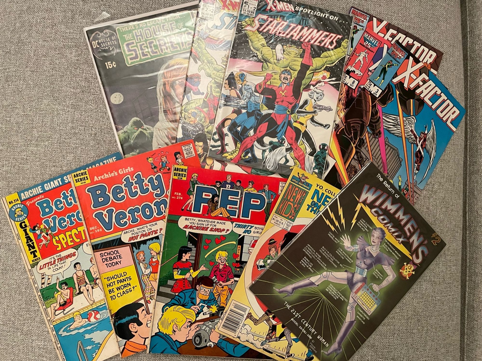 A pile of comics that includes some random X-Factor books, a two-part series on the Starjammers, and few Archie comics, an NKOTB comic, and House of Secrets #92.