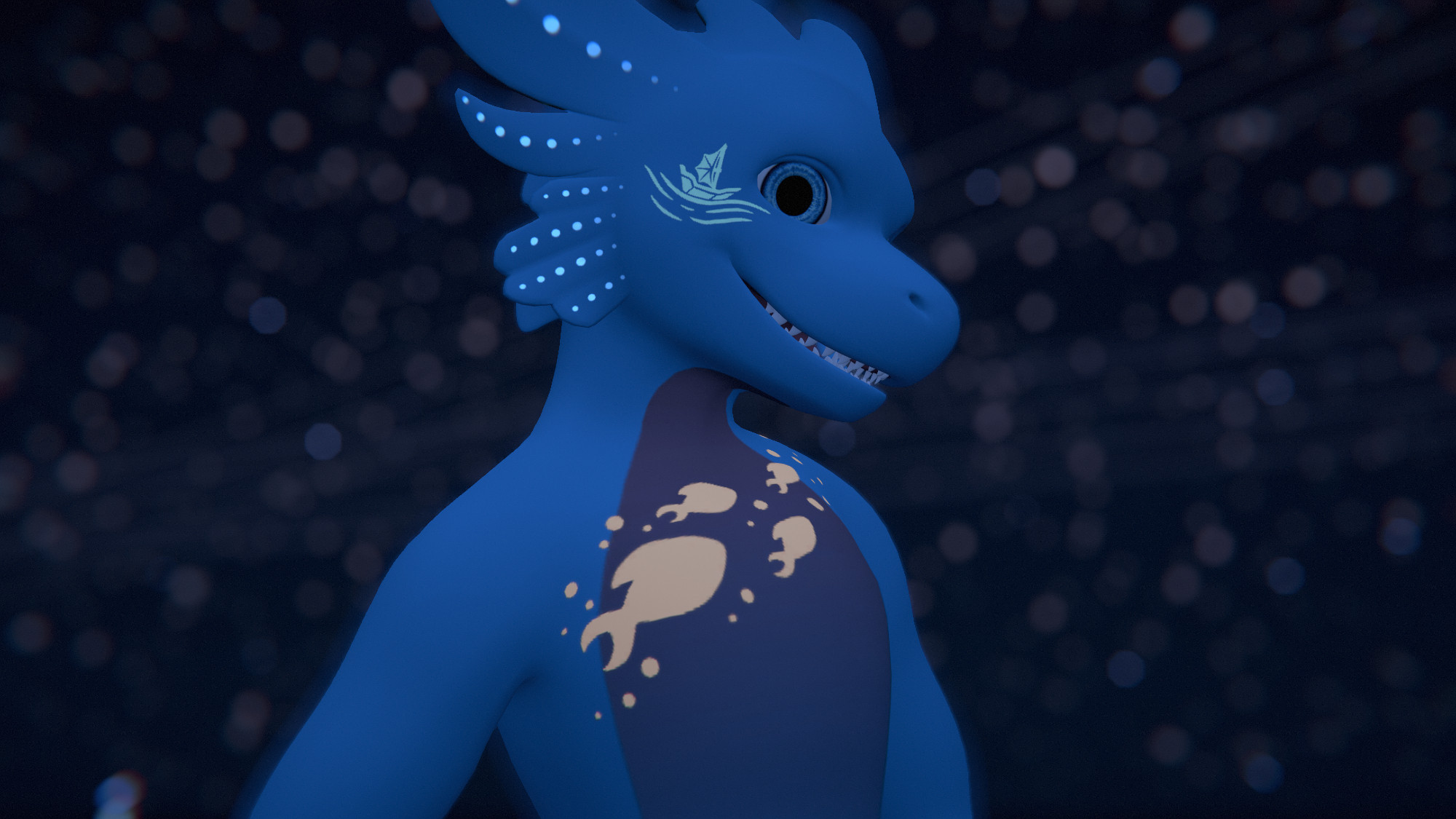 VRC photo of the Neri model, displaying some of the glowing body paint textures on its upper half, namely: a blue Neri sailboat on their cheek, and a school of yellow fish swimming across their chest. A blurry sea of stars adorns the background.