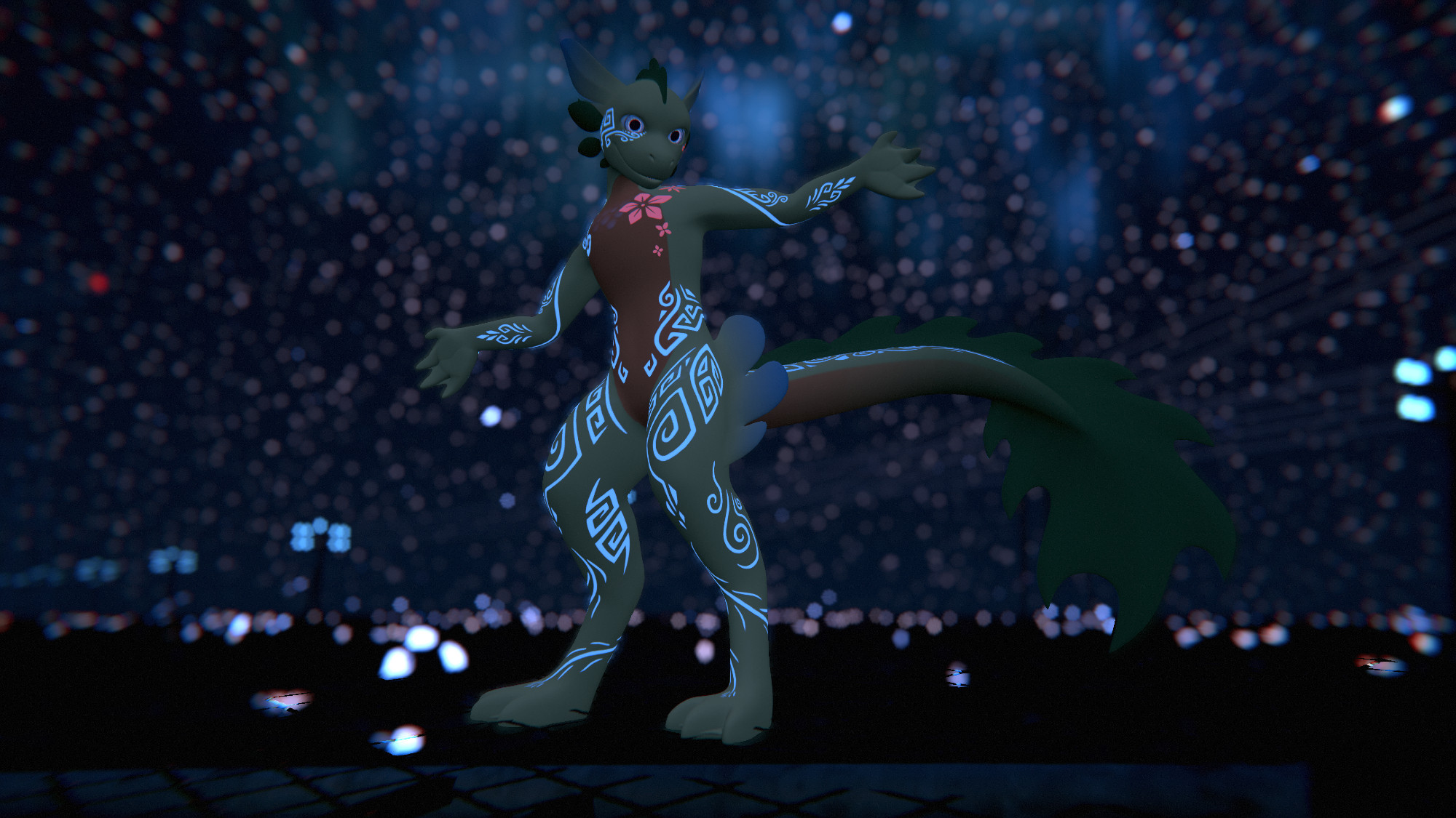 Front-facing VRC photo of the Neri's tribal body-paint textures. It's a full-body shot, displaying most of the tribal textures on the model along with the torso-art texture of flowers visible on their chest, all of the markings glowing with a blurry, star-lit sky in the background.