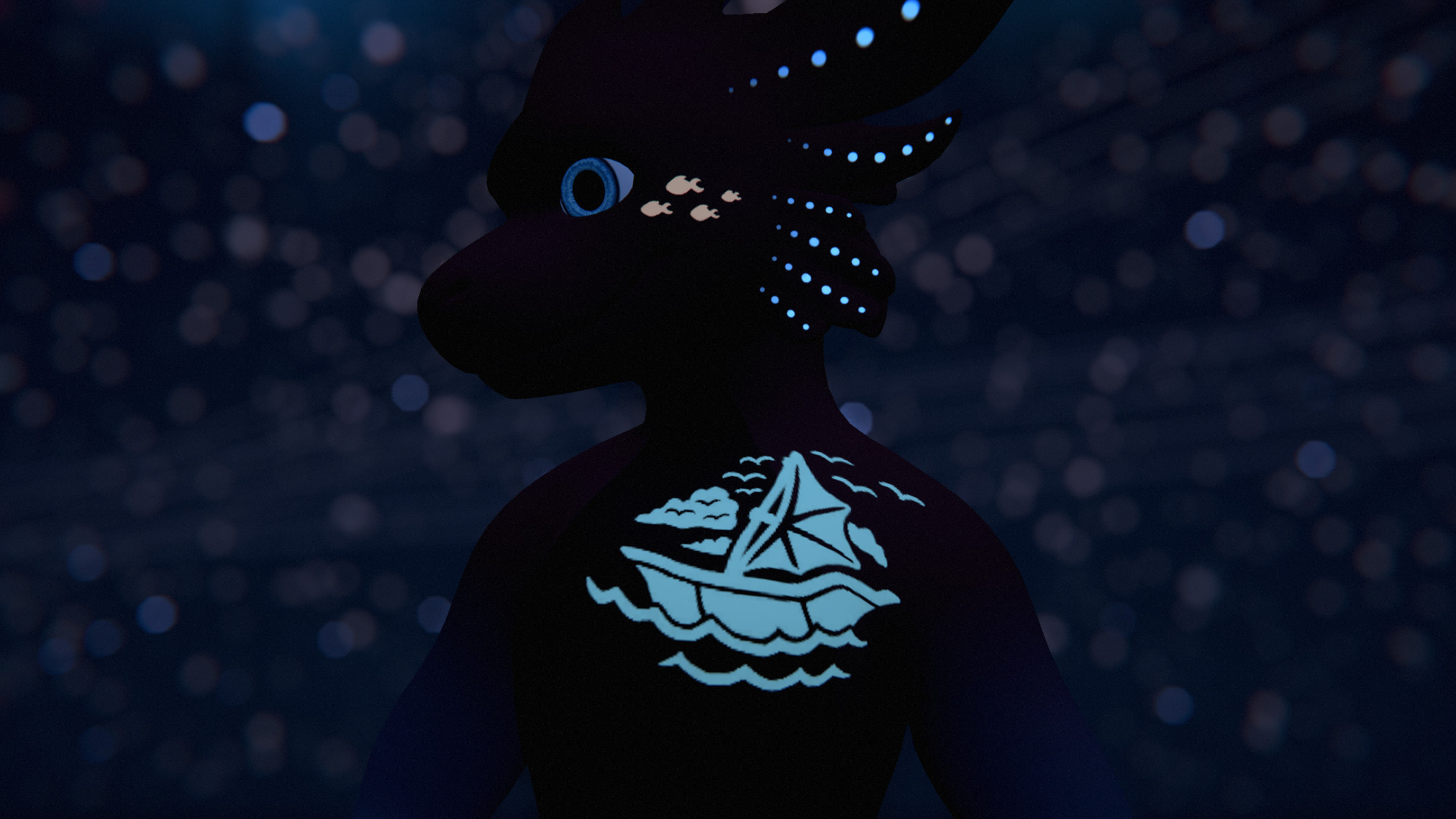 VRC photo of the Neri model, displaying some of the glowing body paint textures on its upper half, namely: a school of yellow fish swimming across their cheek, and a Neri sailboat across the left side of their chest. A blurry sea of stars adorns the background.