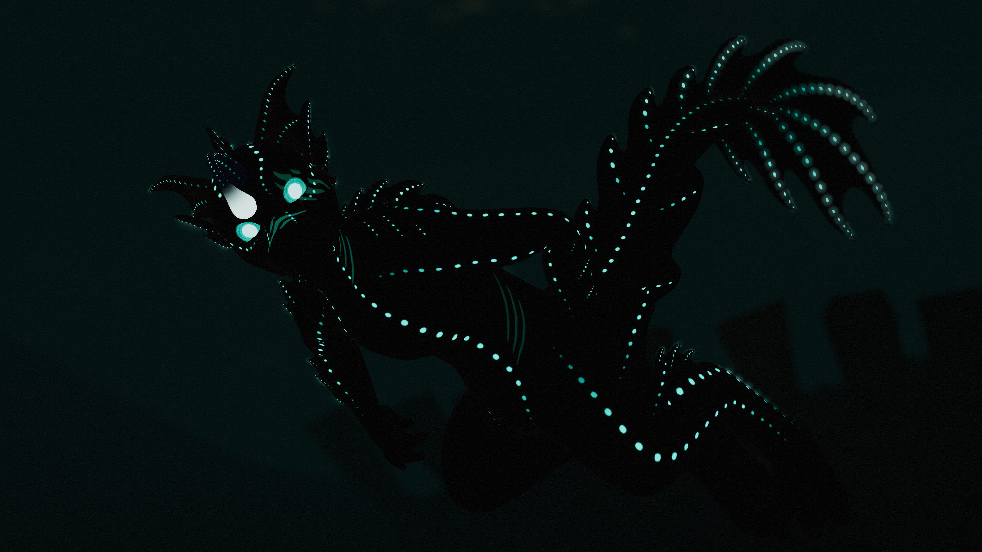 VRChat photo of the Neri model adorned with its abyssal textures, appearing to swim in deep, dark depths of an ocean. The texture lines their body and fins with many aqua and white-colored circles, which all glow in the dark.