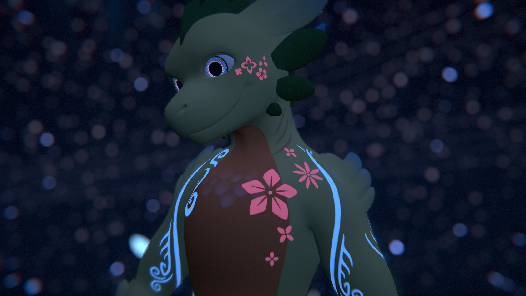 VRC photo of the Neri model, displaying some of the glowing body paint textures on its upper half, namely: a pink flurry of flowers on their cheek, and another flurry of pink flowers across the left side of their chest. A blurry sea of stars adorns the background.