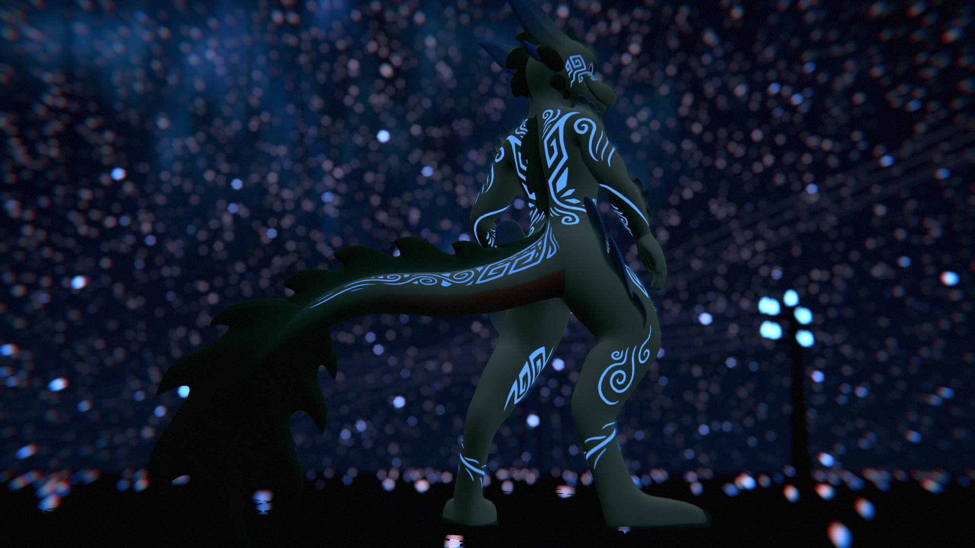 VRC photo of the Neri's tribal body-paint textures. This is a partial side-angle fullbody shot, displaying most of the model's tribal textures from a back view, the markings glowing with a blurry, star-lit sky in the background.