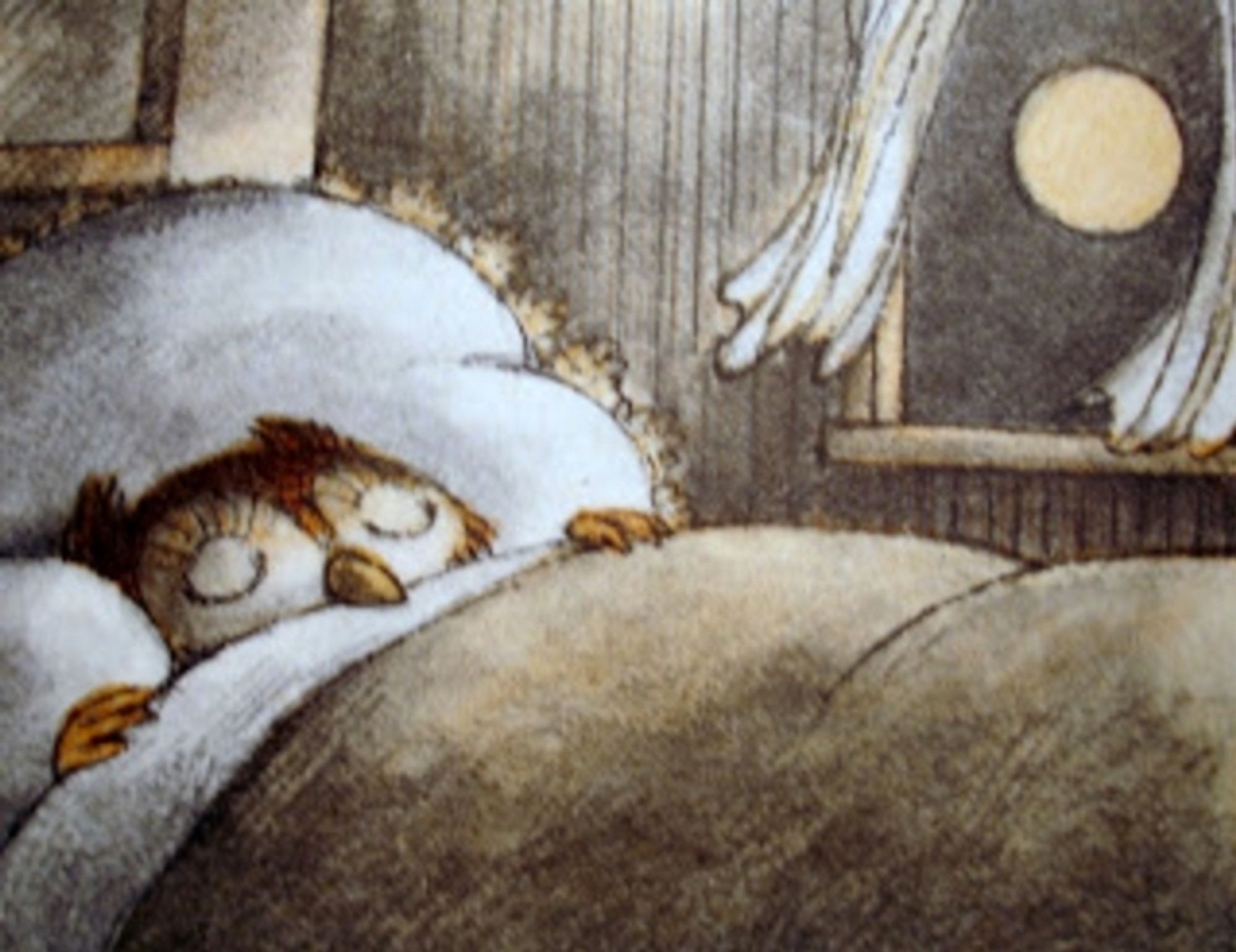 Uil slapend in bed. De volle maan schijnt door het open raam naar binnen
Uit: "Bij Uil Thuis"
Kinderboek door Arnold Lobel