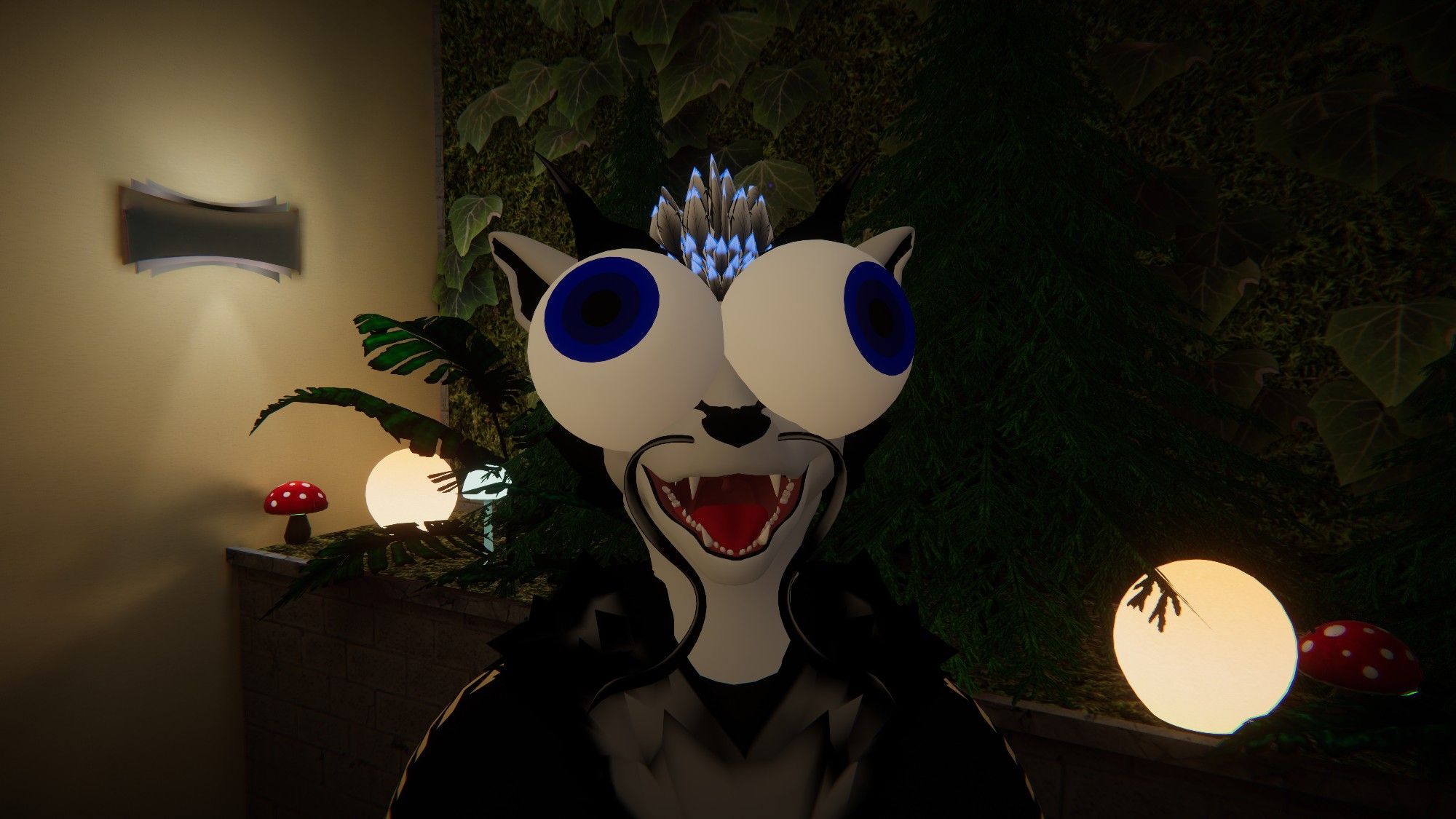 Raeal the Protogen in his Durgarra avatar for VRChat, but the eyes are replaced by another avatar that is just huge eyes