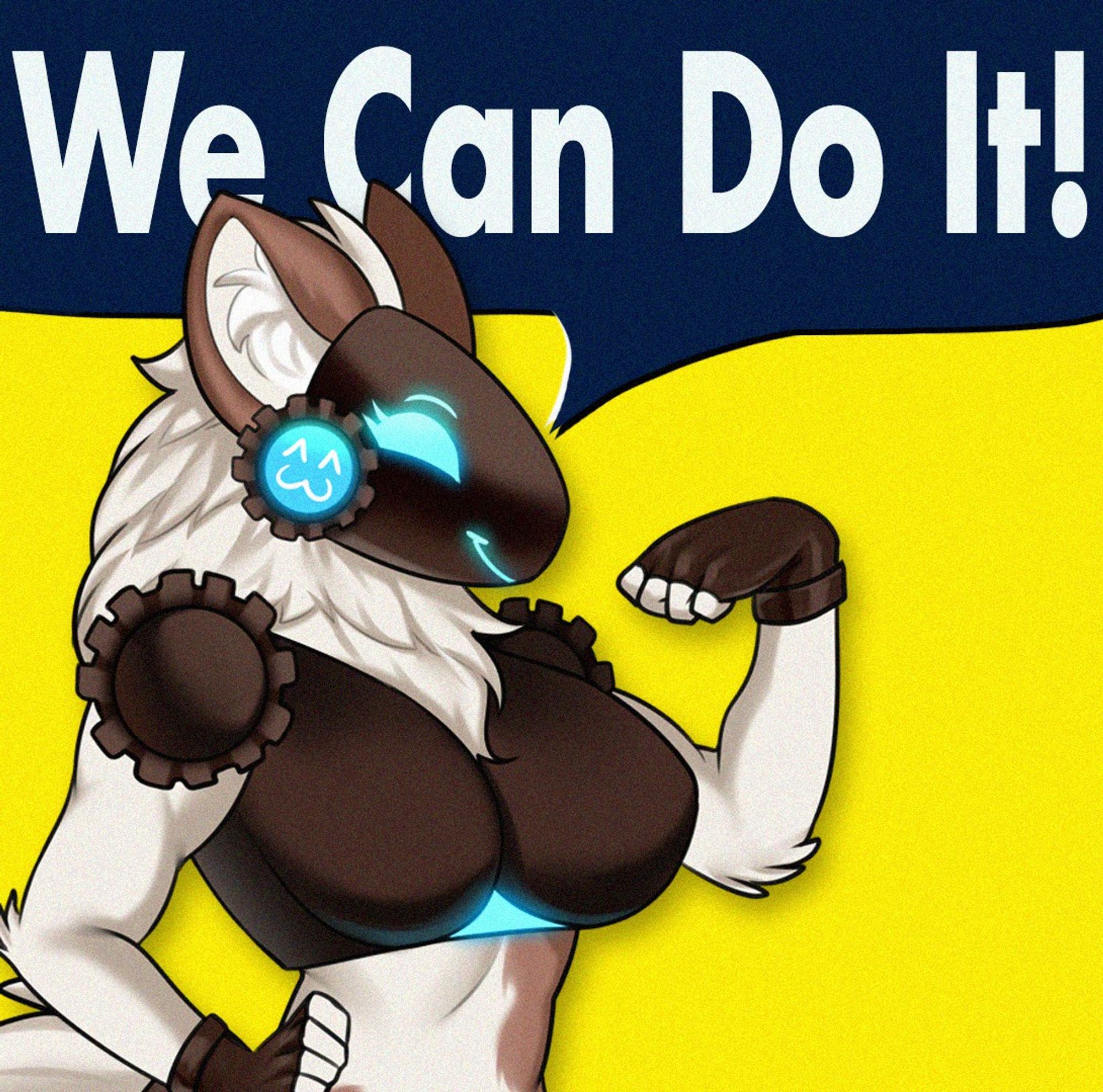 Xena the Protogen from My Furry Protogen 2 posing like Rosie the Riveter on top of a We Can Do It! poster.