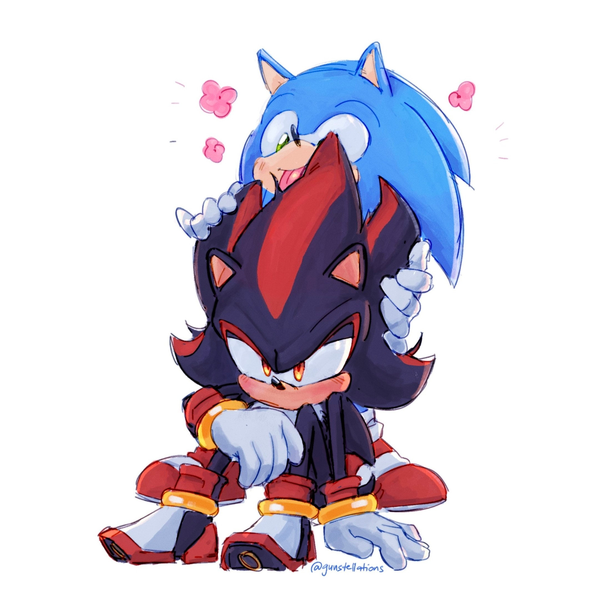 sonic standing behind a grumpy but willingly sitting shadow, happily grooming shadow's quills with his hands and tongue.