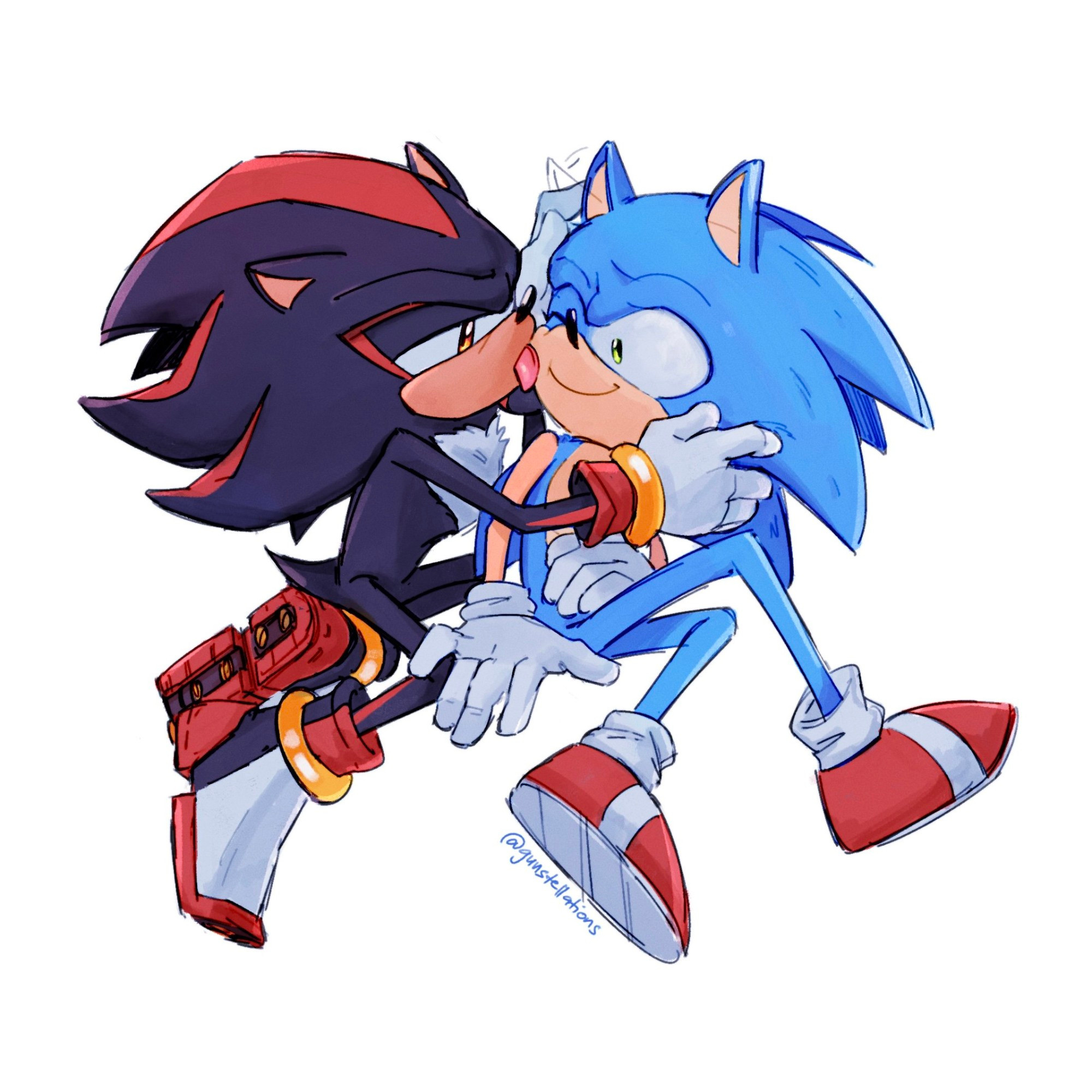 sonic and shadow sitting side by side with sonic's body turned away as shadow carefully grooms his quills and face. shadow is leaning into sonic's space with a focused expression, turning sonic to face him and licking his muzzle with determination. his hands hold sonic's face and sonic's ear twitches as one of shadow's fingers brush on them. one of sonic's hands is on his lap as the other partly rests on shadow's thigh as he is twisted around to face shadow. he has one eye closed at shadow's ministrations and a fond smile on his face.