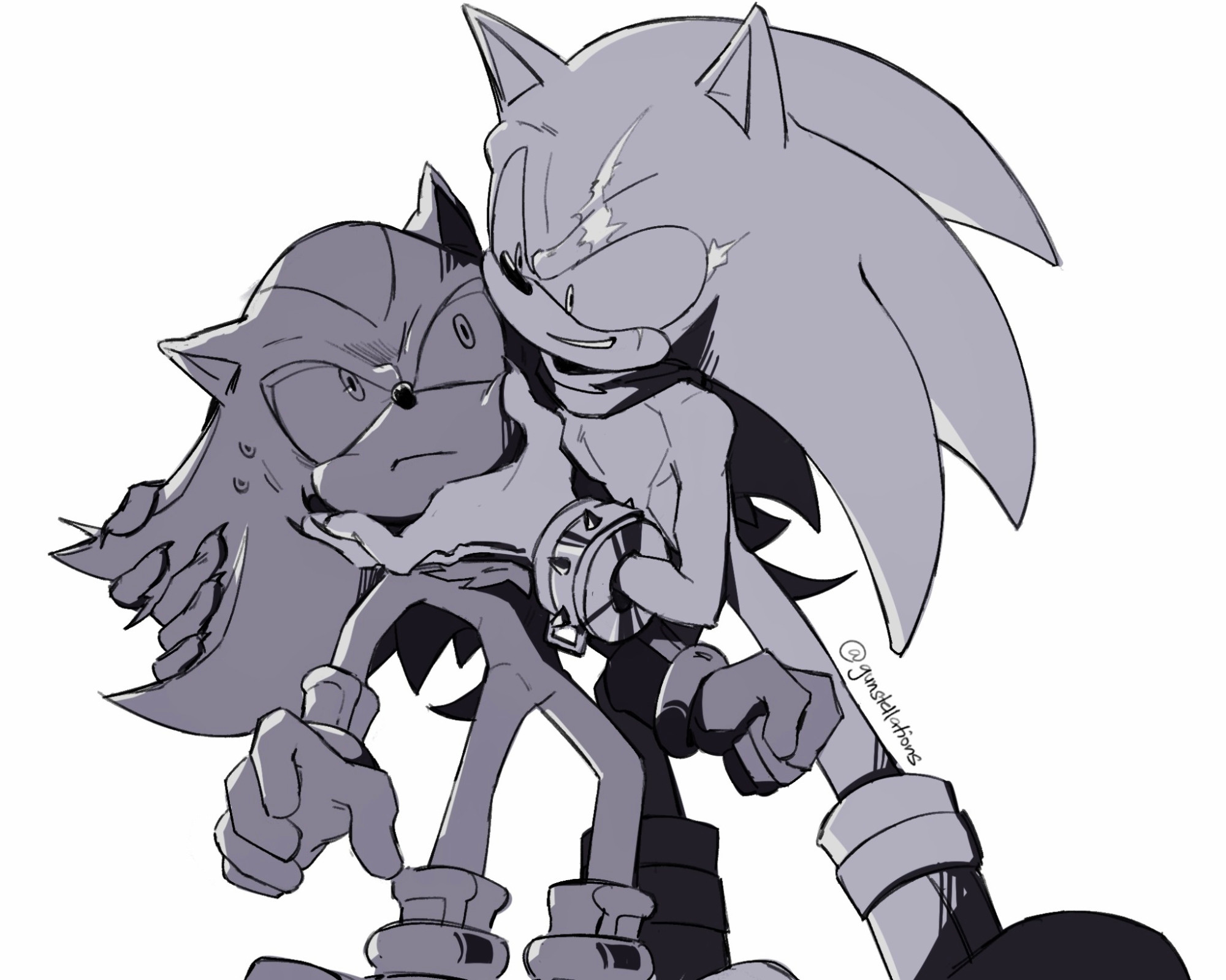 monochrome drawing of terios menacingly grabbing shadow's face and quills. he is leering close to shadow who looks shocked and rooted in place.