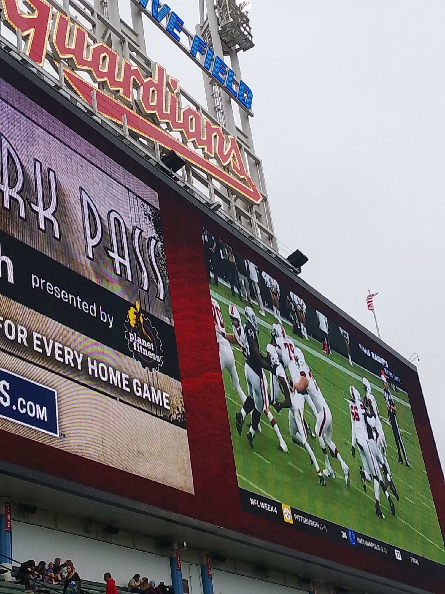 progressive field jumbotron during a rain delay playing the browns vs. raiders game