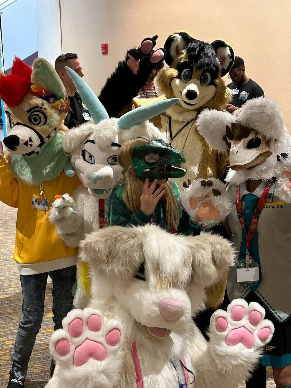 Raccoon / Tanuki (Nodnarb Korinzu) posing with a groups of Furries at a Furry Convention.