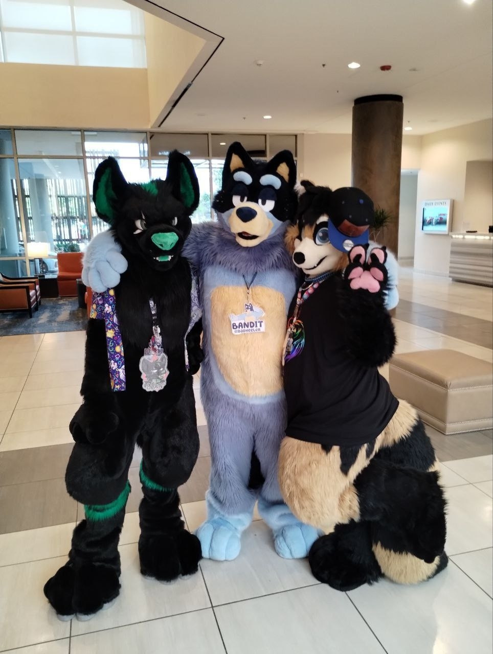 Green and Black Wolf (Skarr De Wolf) ; Bluey's dad ; and Raccoon / Tanuki (Nodnarb Korinzu). Three Furries posing for pictures.