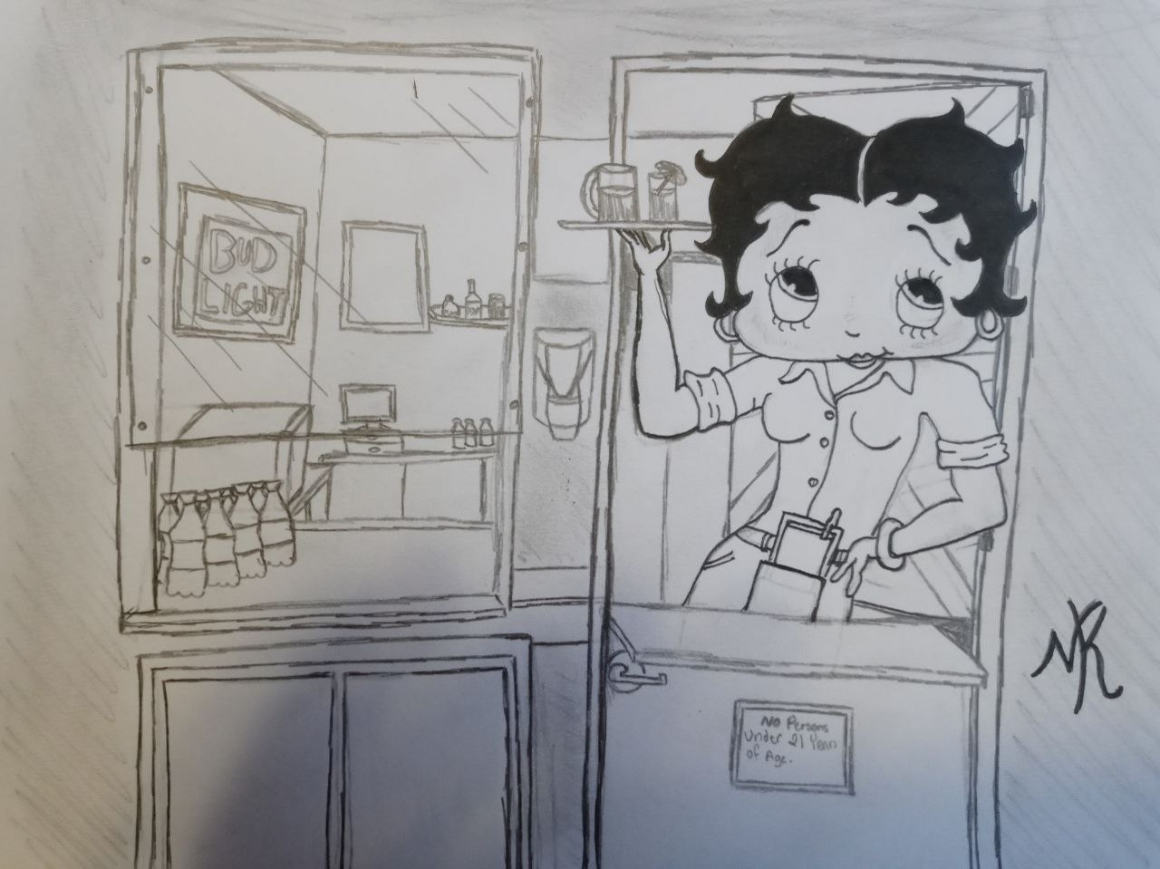 Classic character Betty Boop sporting Casino Server outfit in a small bar.