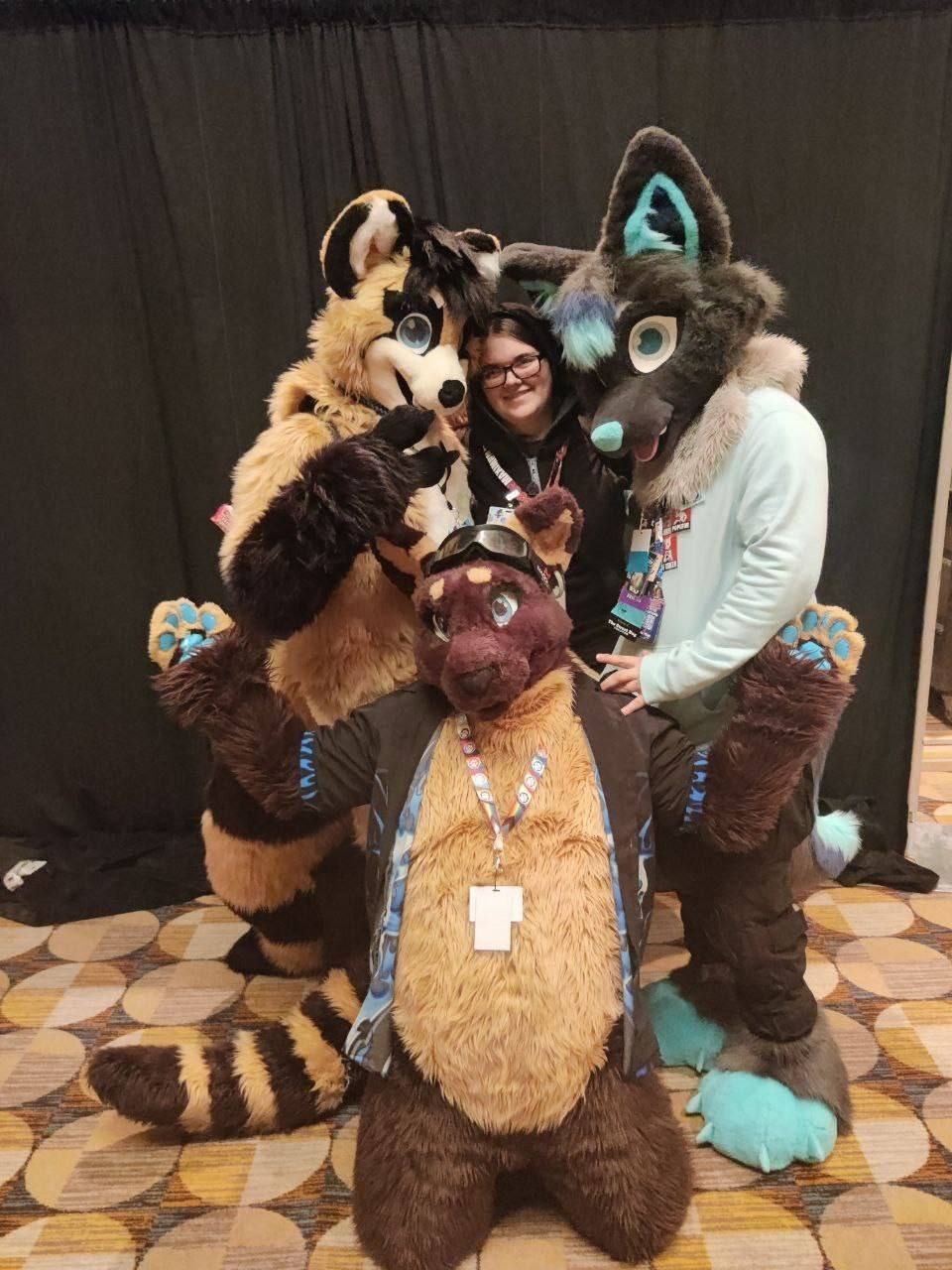 Raccoon/Tanuki (Nodnarb Korinzu) light brown color pattern; Dark brown Kangaroo; Grey wolf with colored hair; and Young adult Female. All posed for a group photo at a Furry Convention.