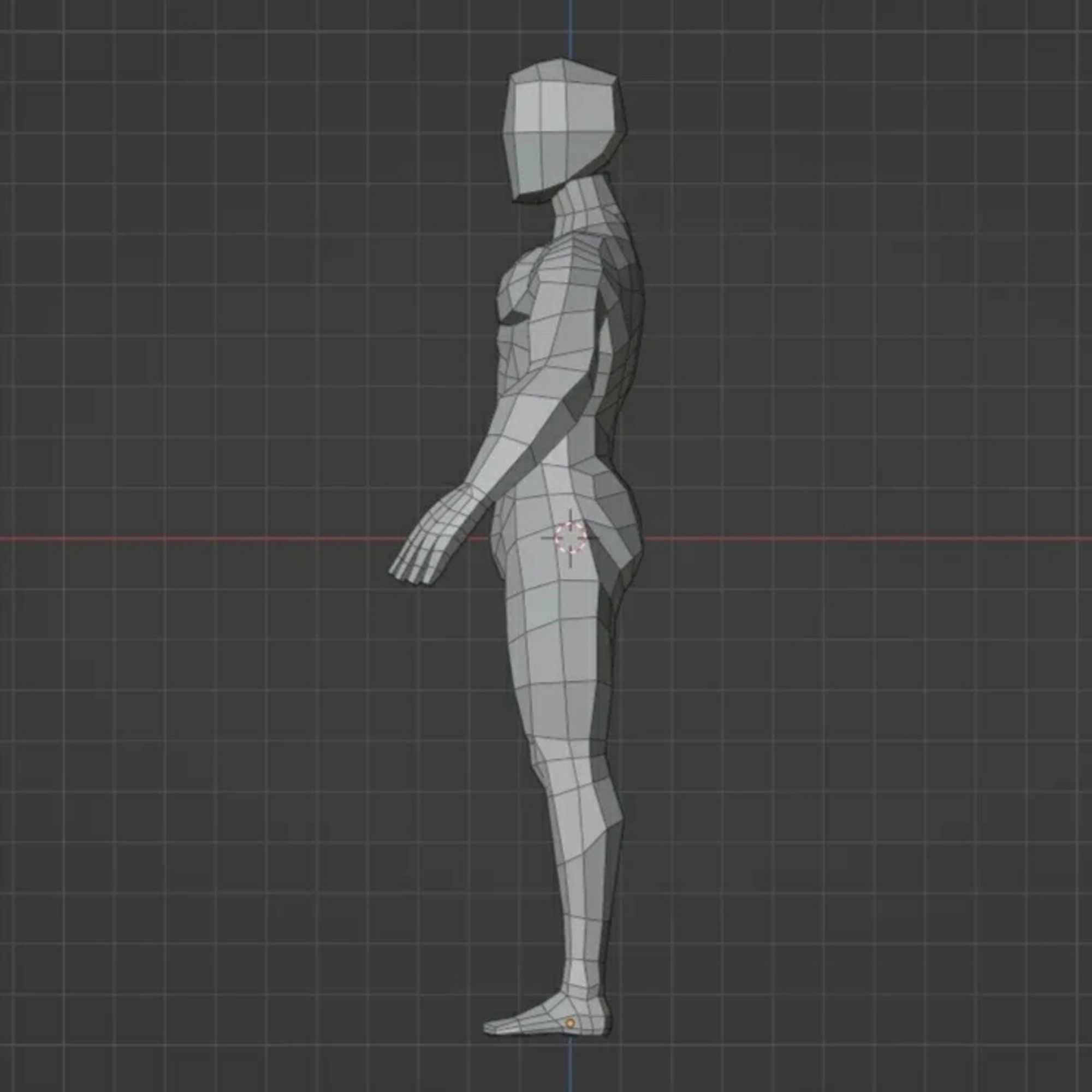 An orthographic side view of a Low poly model of an average male form