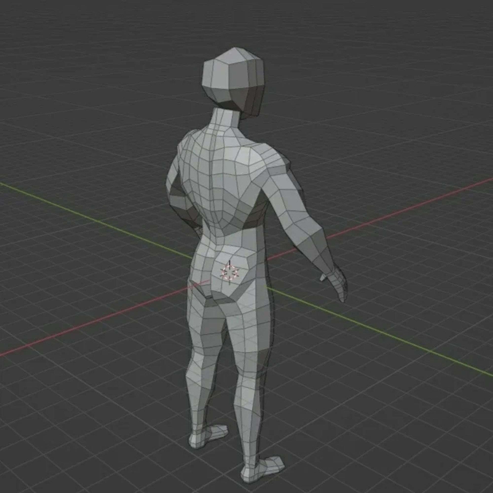 Low poly model of an average male form, viewed from the back in a three quarters camera angle