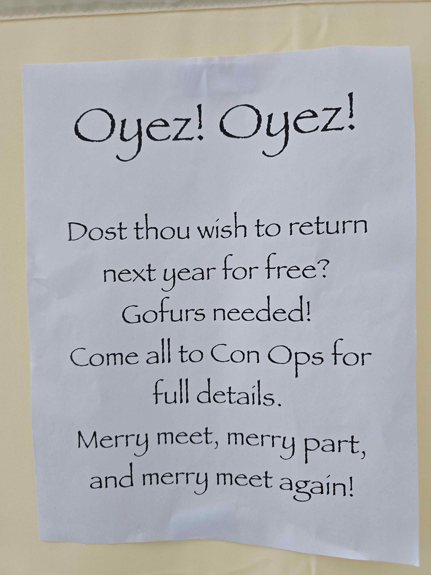 A message written in papyrus font that talks about returning to the convention for free through being a Gofur.