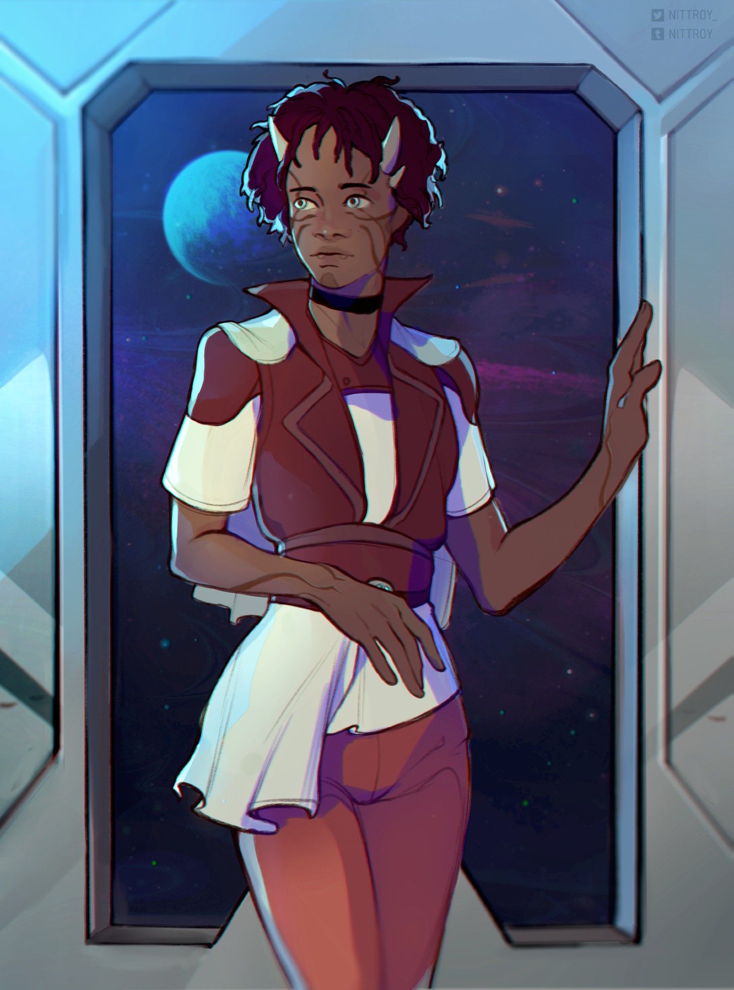 A drawing of a black fem-presenting person standing near the window that is looking out into the cosmos. They are a Star Wars fan character created by Maxie @/xanthouransong.bsky.social.