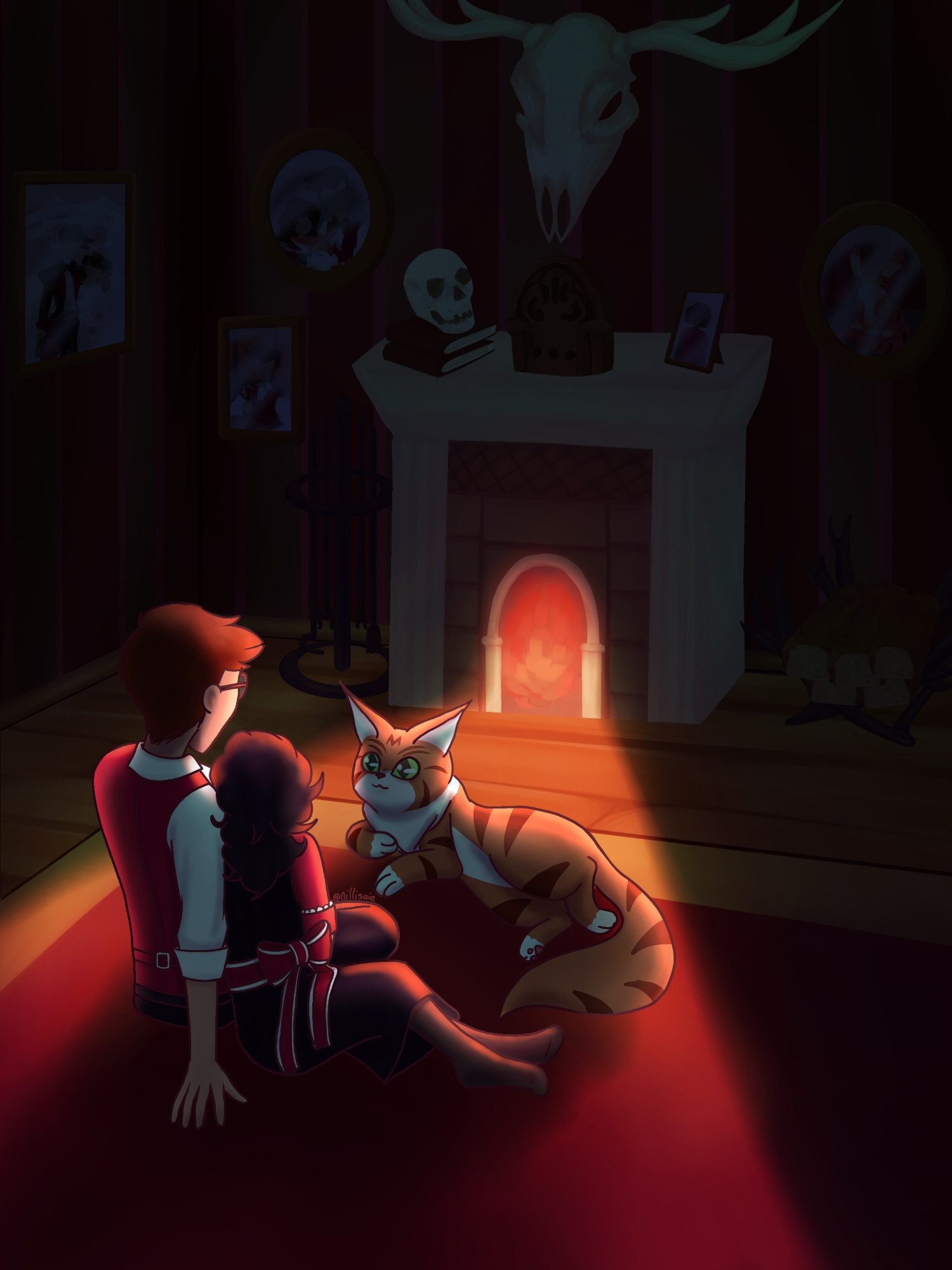 A drawing of a dark room lit by only a fireplace. Family pictures cover the room and a deer skull is located above the fireplace and above a small radio. In front of the fireplace is Alastor's human form sitting down on the floor with Nilla, a self insert oc, leaning against him and in front of them is their pet maine coon cat, Tiz, laying down and looking at them. 