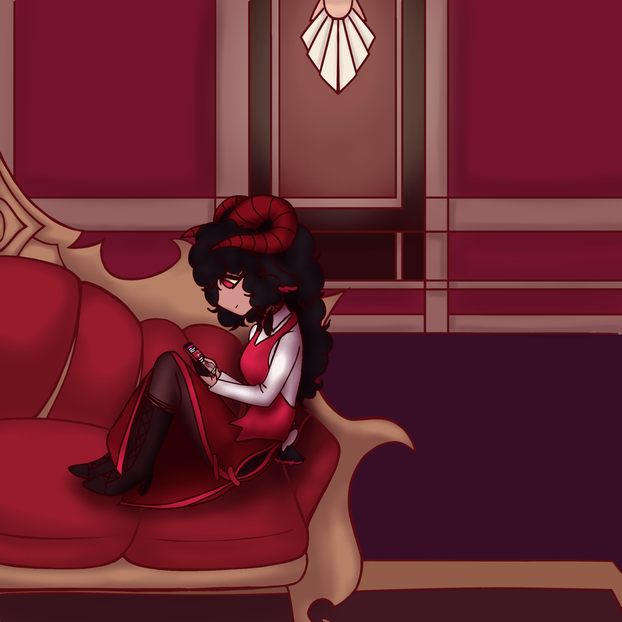 Nilla, a hazbin hotel self insert, is seated on a couch of the hotel just scrolling on her phone