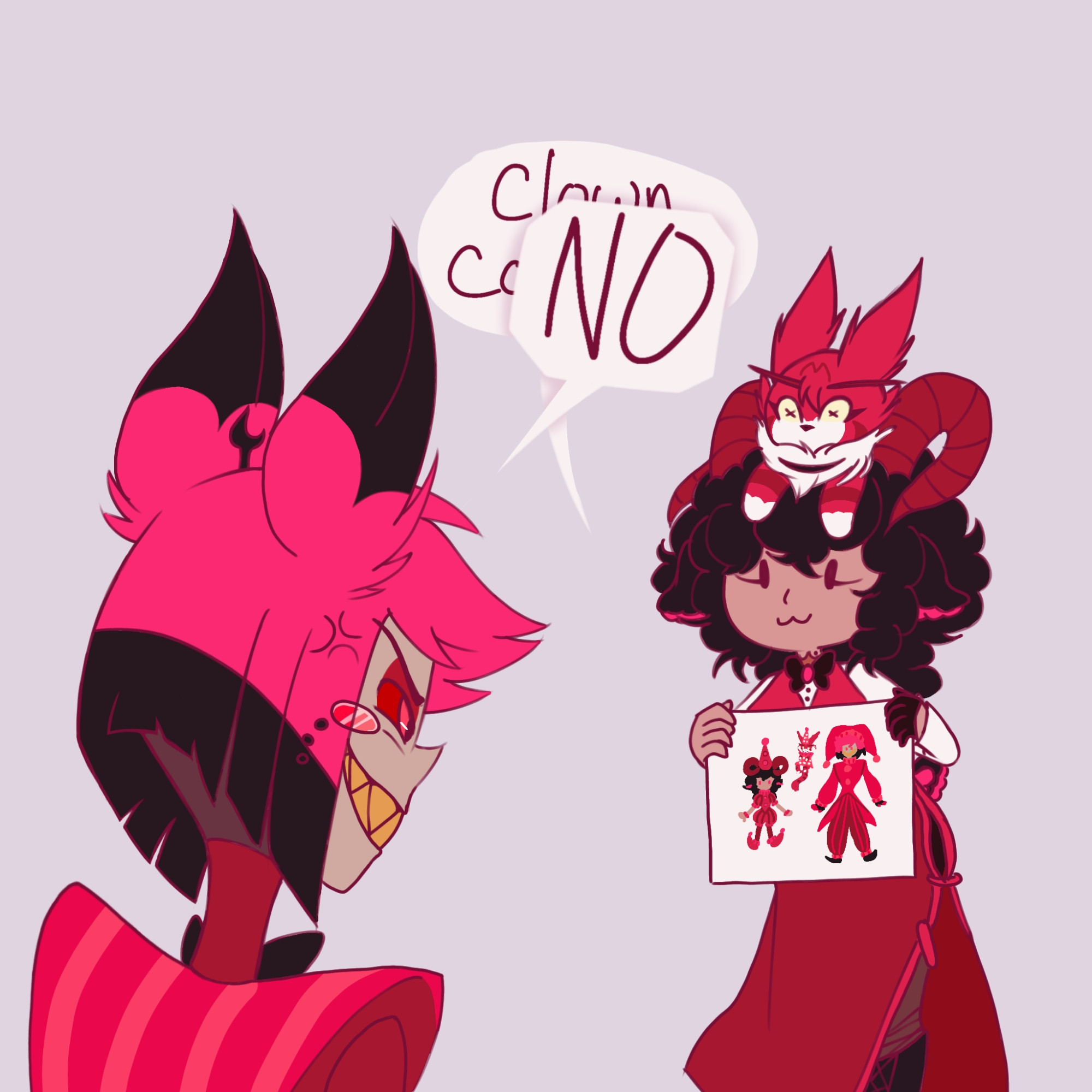 My Hazbinsona, with a cat named Tiz on her head, cutely holding up a drawing of her, Alastor and Tiz dressed up as clowns for Halloween. She tries to suggest clown costumes only to be swiftly interrupted by Alastor saying a firm "NO" while looking at her annoyed