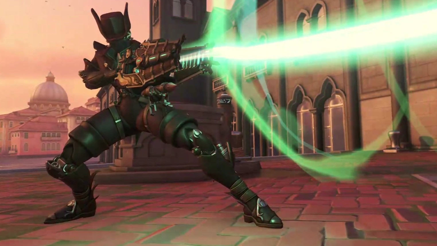 Sojourn from Overwatch 2 wearing her Witchbane skin. She's taking a ready stance and firing her weapon with Rialto at sunset in the background. 