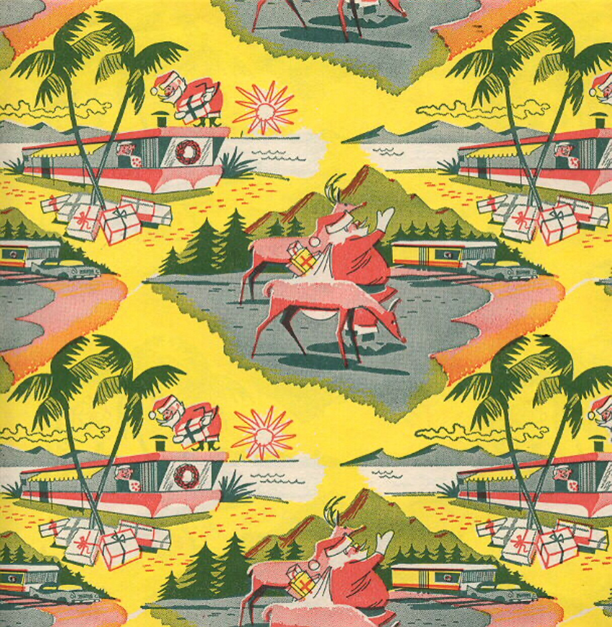 Tropical Santa Claus wrapping paper from the mid century