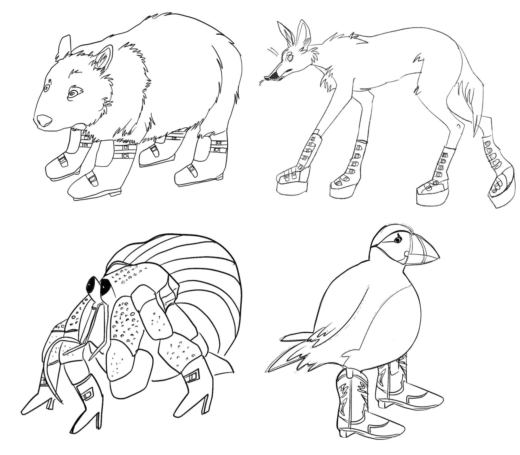 A wombat, a maned wolf, a hermit crab, and a puffin all wearing fashionable boots