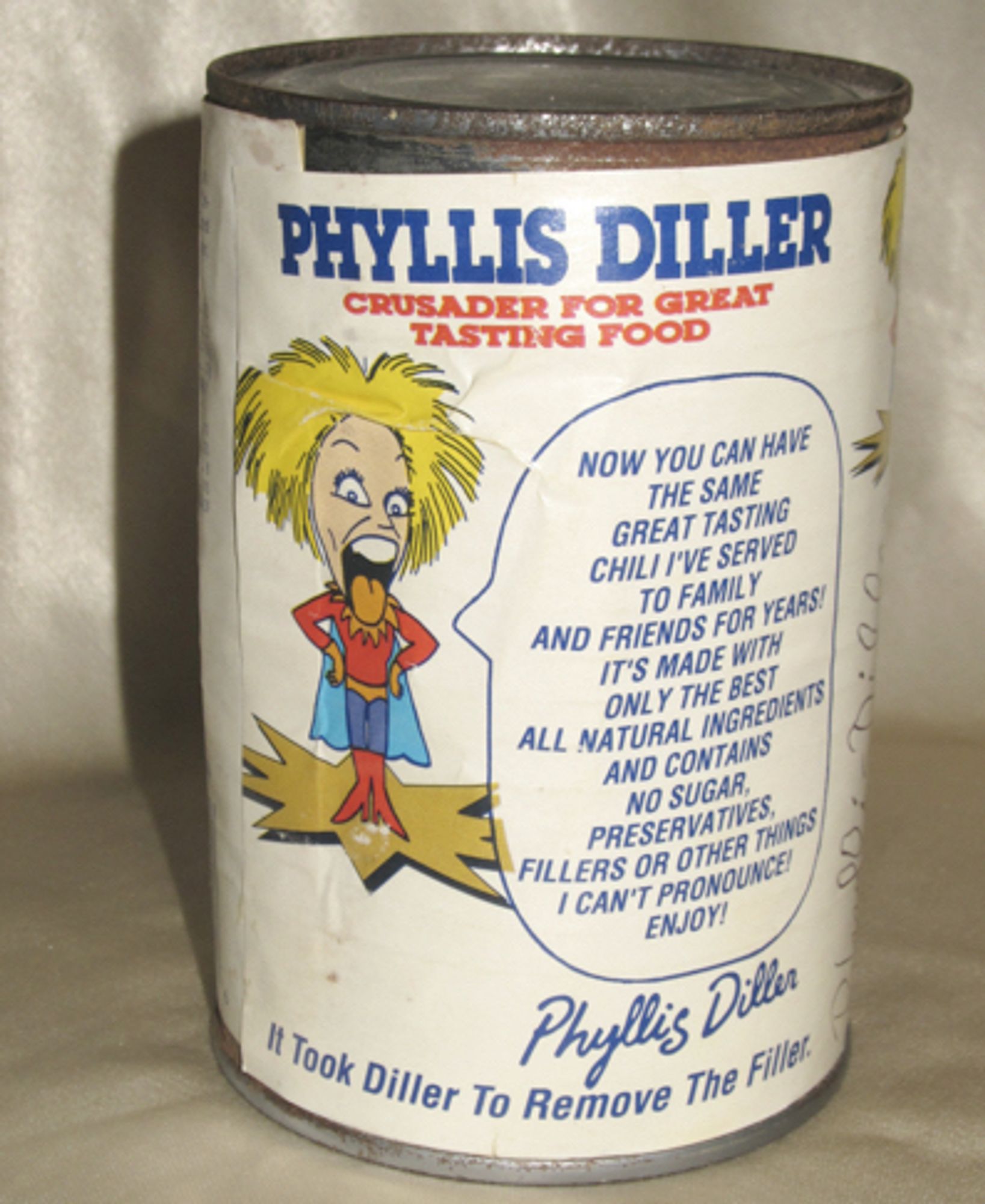 Phyllis Diller - crusader for great tasting food,  back of can