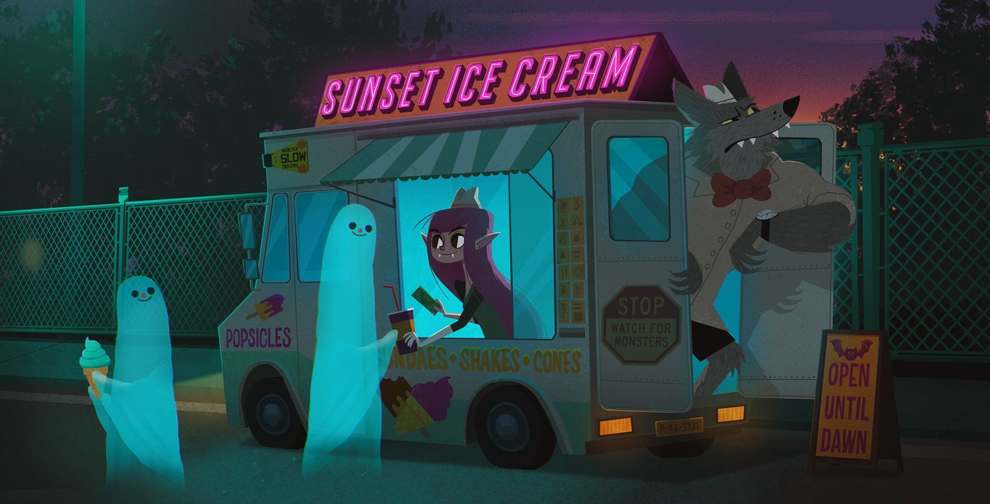 color cartoon of a Sunset Ice Cream truck serving real spectral ghosts, who superficially look like live humans with white sheets over their heads. The staff of the truck are a pink goblin girl with protruding canine teeth and a broad smile, handing an ecologically-incorrect cup with a straw to a ghost who has just slapped a dollar bill into her other hand. Out the back of the truck a hulking, over-sized, civilized werewolf in fast-food livery compares his watch to the sky nervously. Dawn is breaking, and a placard says "open until dawn"