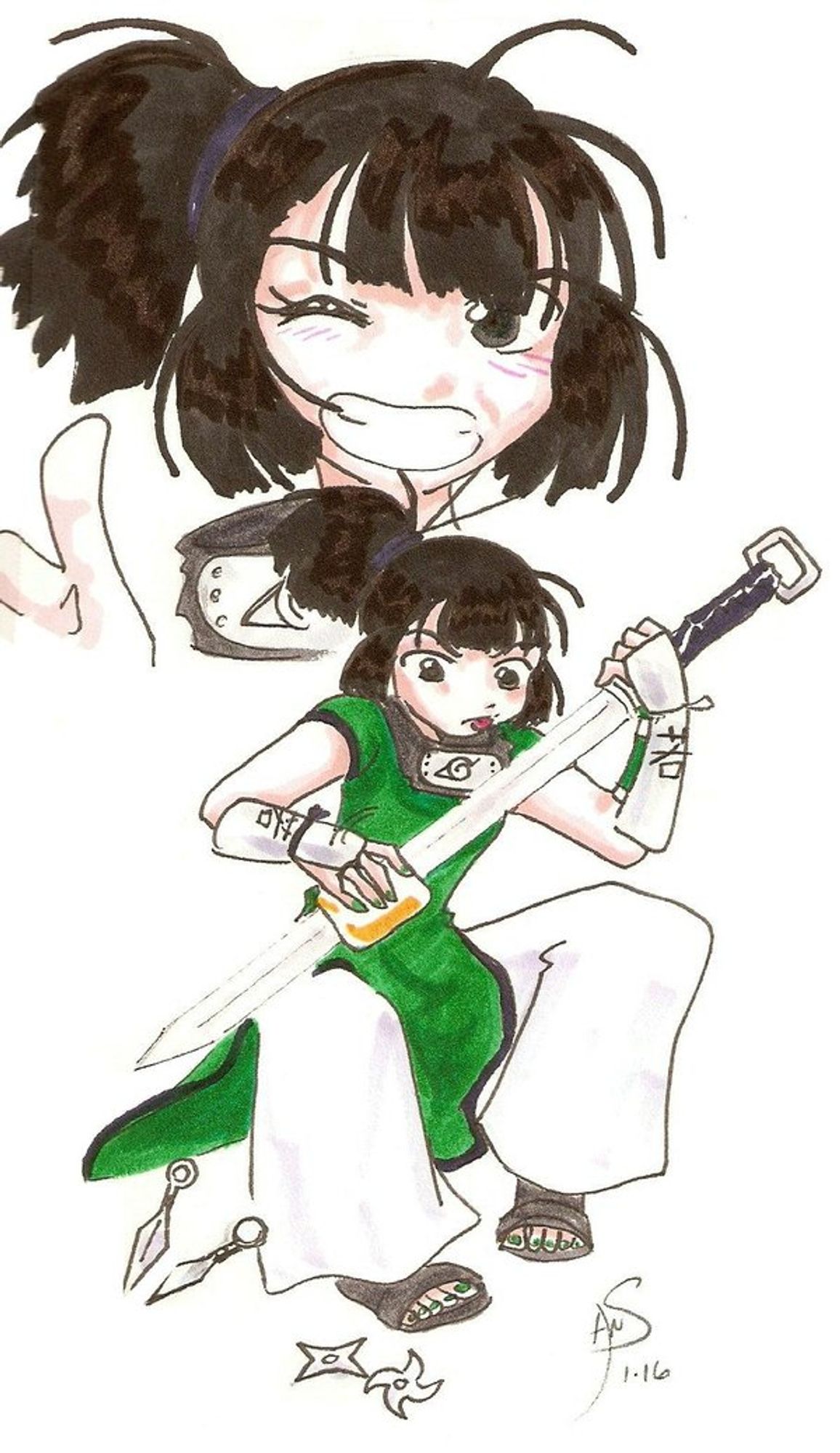 cartoon style brush-and-ink drawing of a girl polishing a sword, with throwing stars at her feet; in an inset she mugs for the viewer & waves